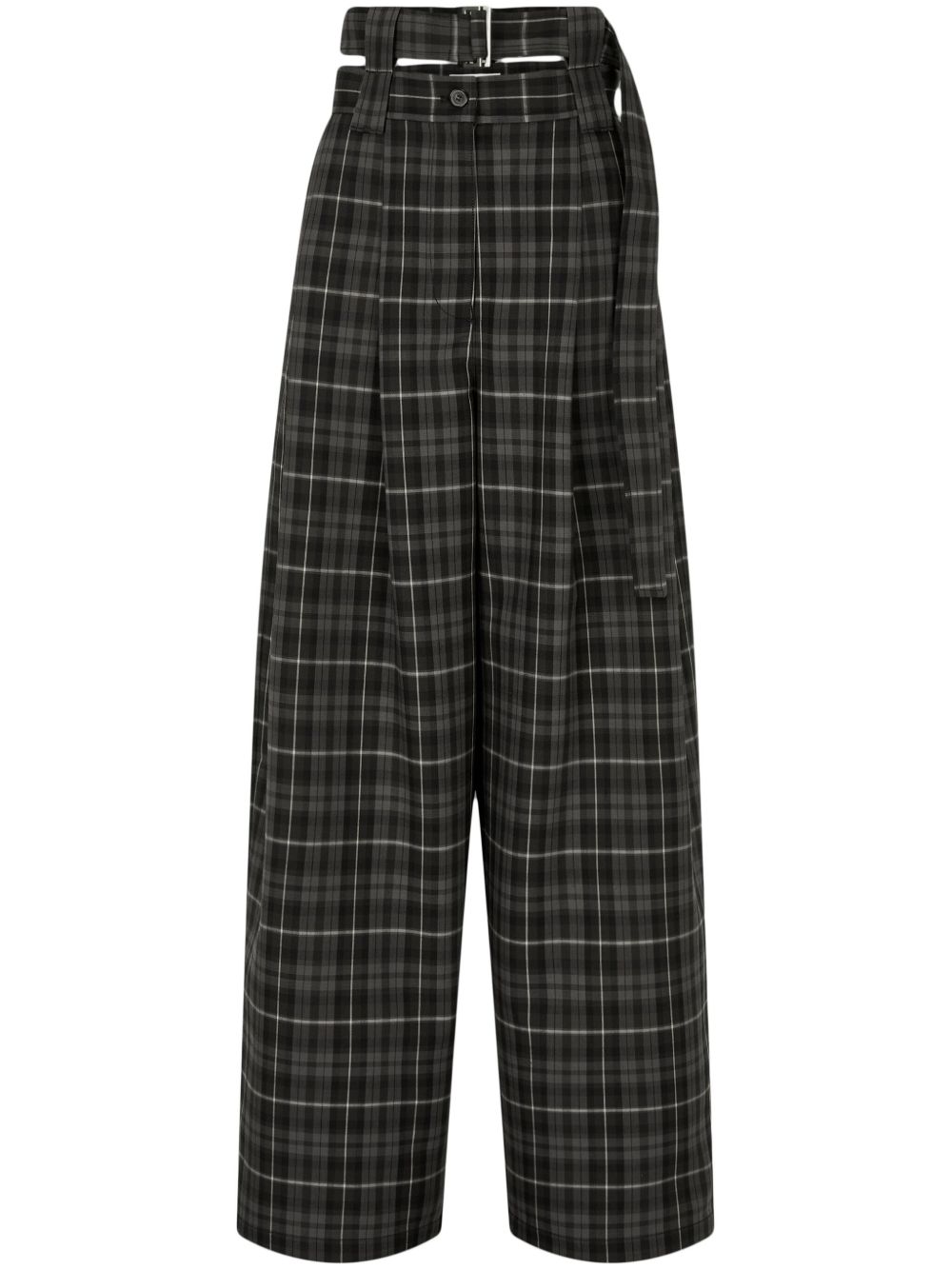 Tartan check-pattern belted tuck trousers - Black