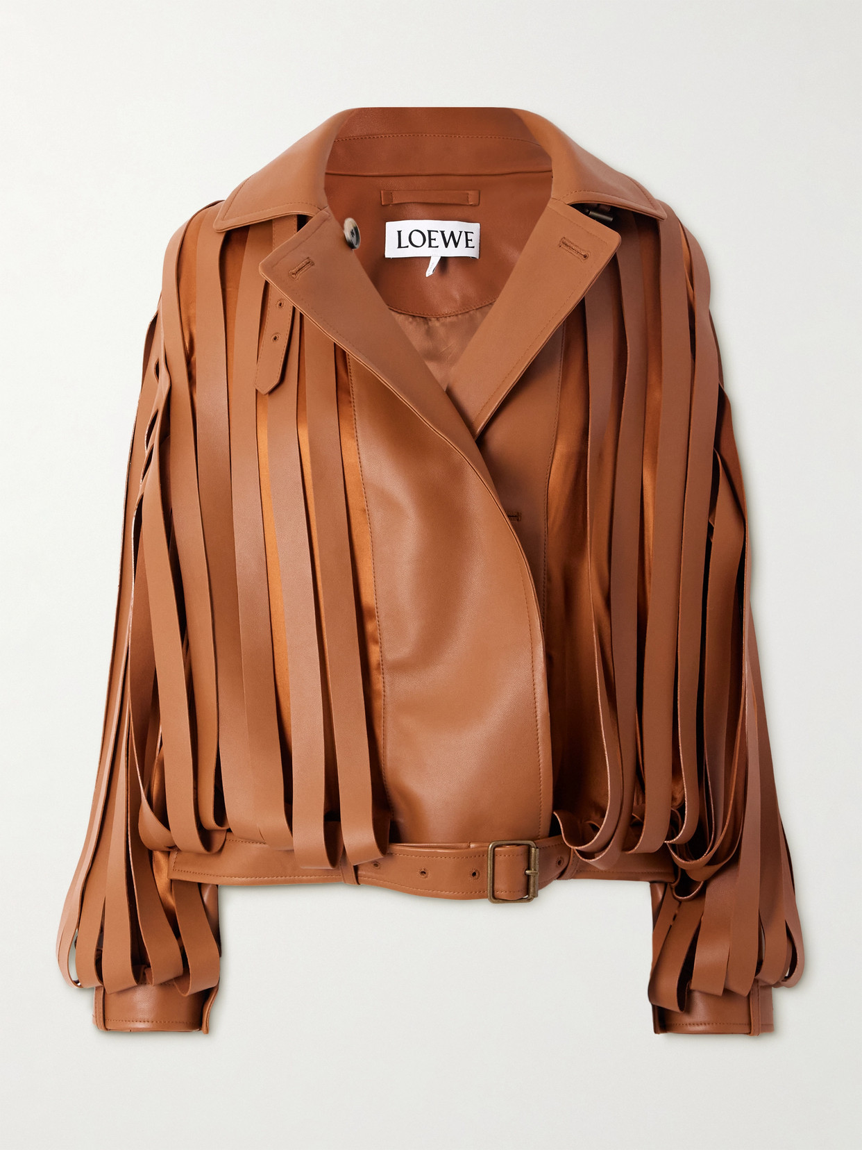Layered Cutout Leather And Silk-satin Jacket - Brown