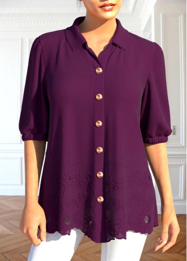 Modlily Dark Reddish Purple Patchwork Half Sleeve Blouse