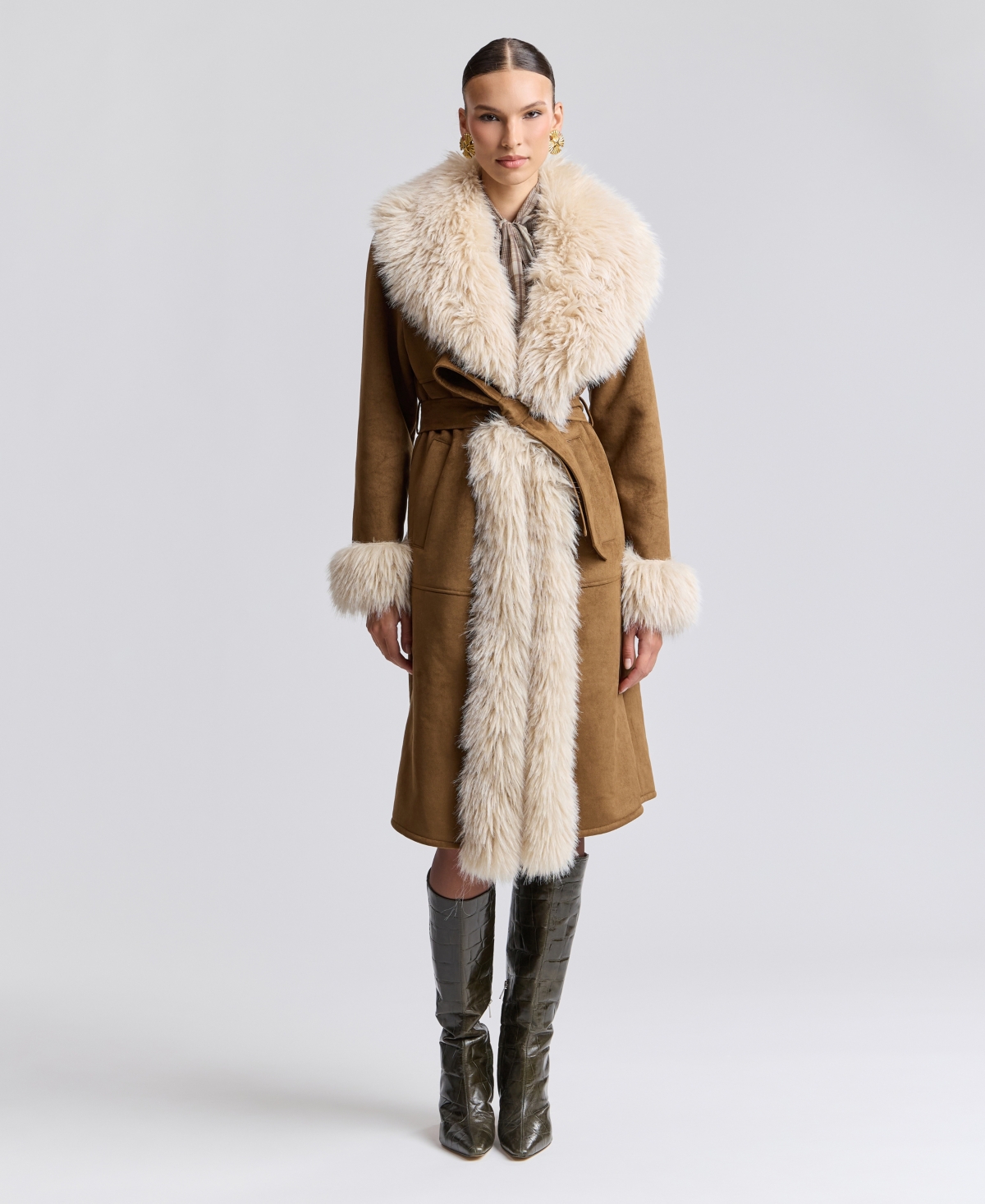 Women's Faux-Fur-Shawl-Collar Faux-Shearling Coat - WHISKEY/CREAM