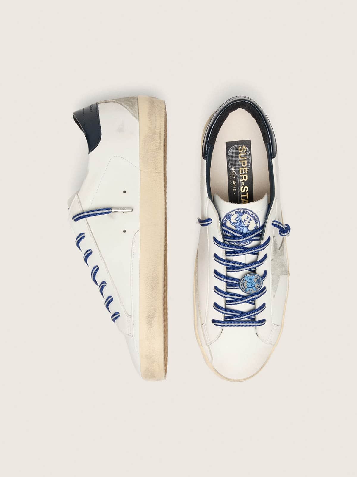 Golden Goose - Men's Super-star Ltd In White Leather With Suede Star And Blue Leather Heel Tab, Man