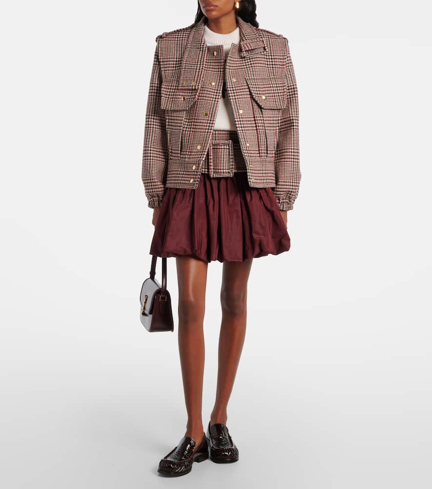 Checked ruched virgin wool miniskirt