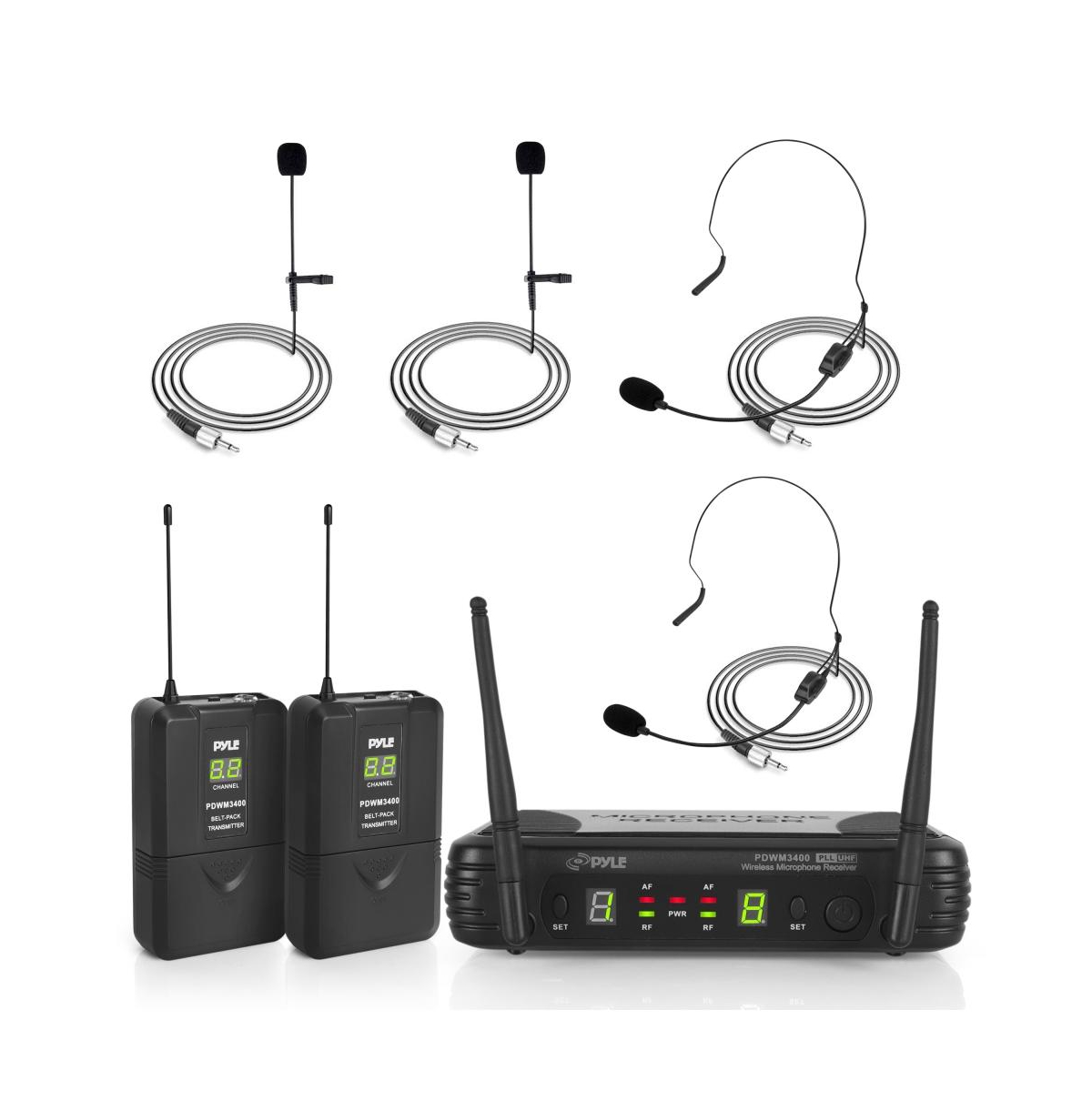Uhf Wireless Microphone System Kit with (2) Beltpack Transmitters, (2) Headset Mics & (2) Lavalier Mics - Black