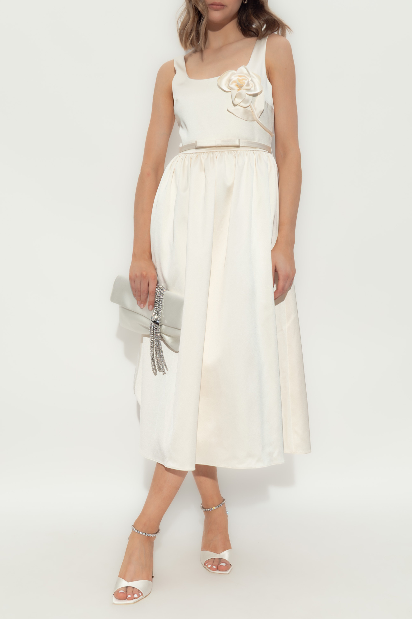 Self Portrait Satin Dress With Belt, Women's, Cream