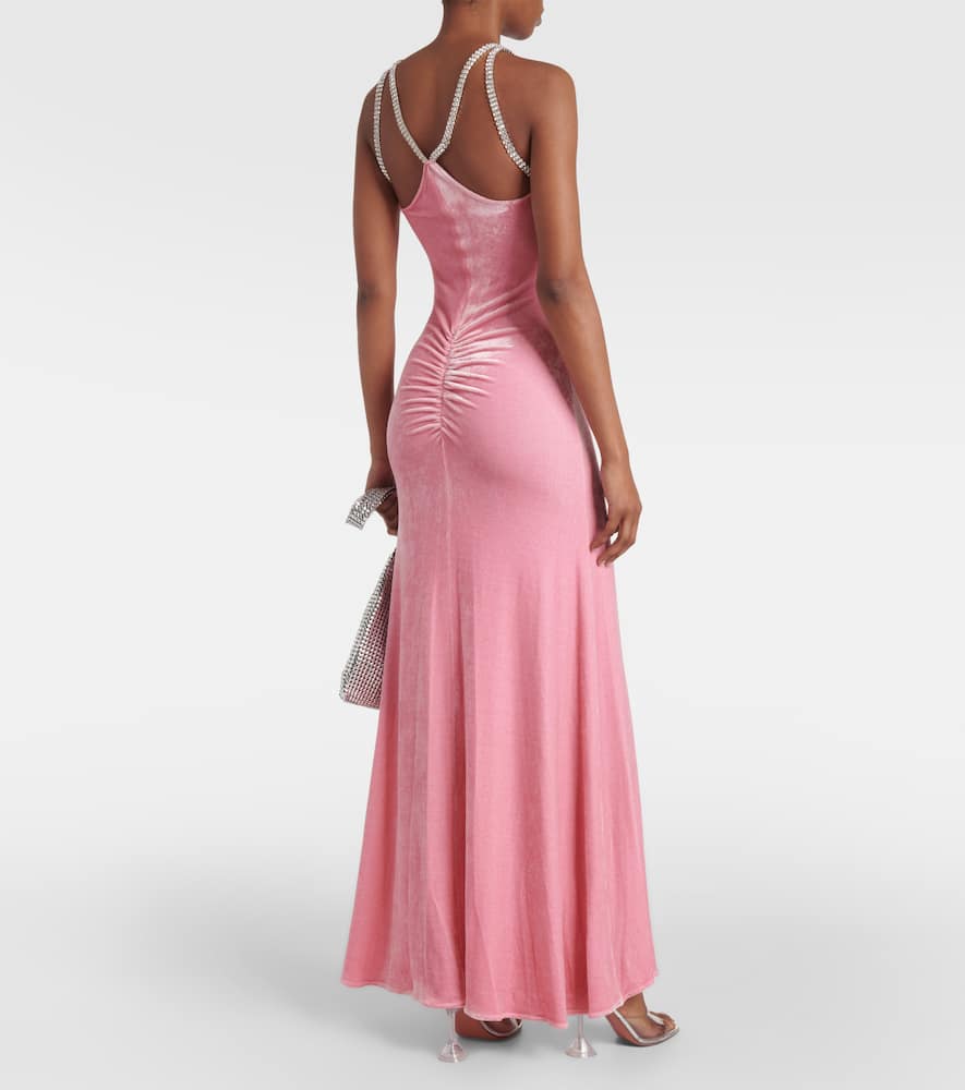 Embellished ruched velvet gown