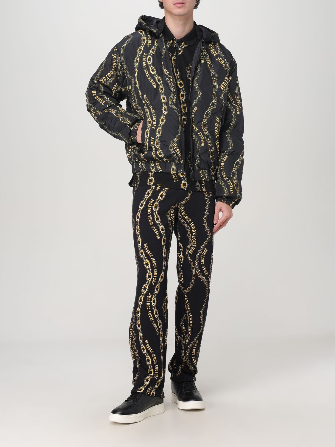 Reversible chain-print hooded jacket - Black