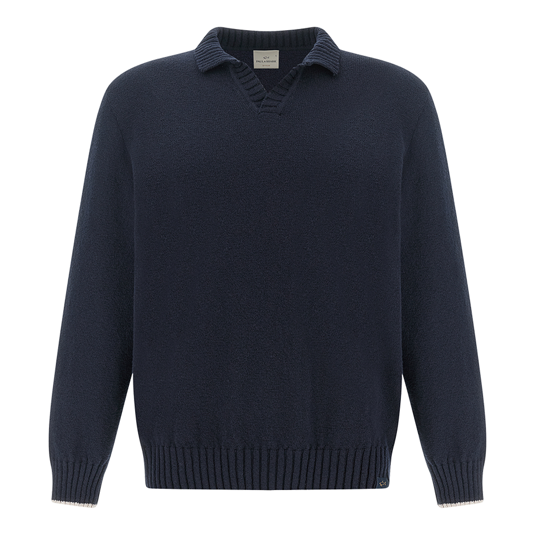 Open‑collar sweater in bouclé cotton, Man, Blue