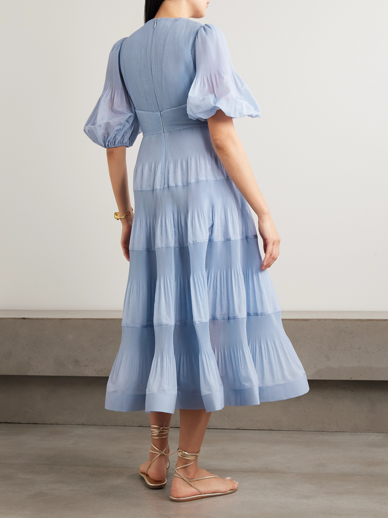 Tiered Plissé Silk-organza Midi Dress - Blue