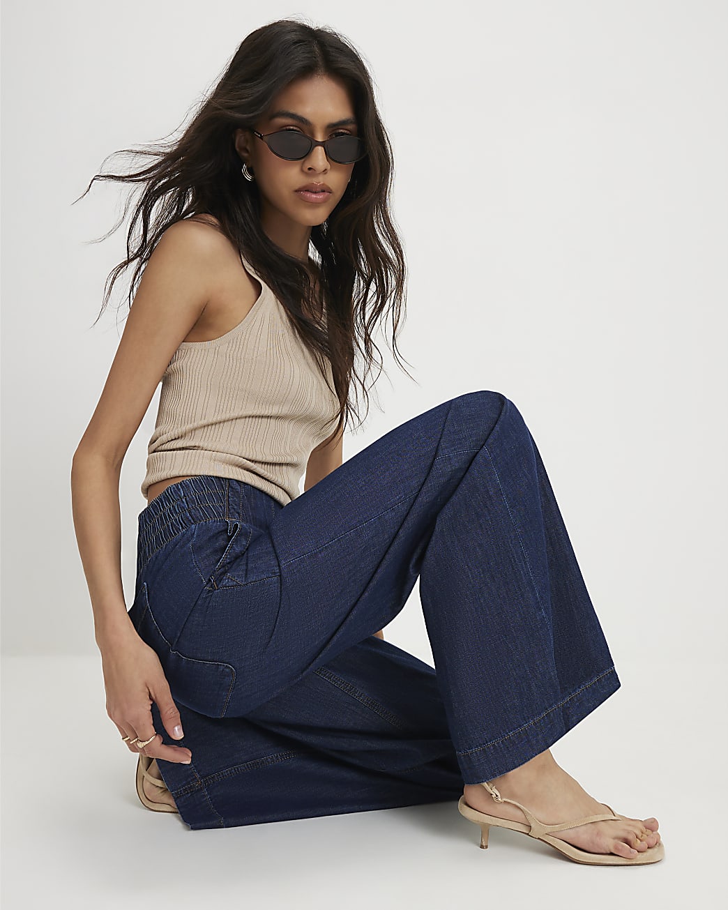 River Island Womens Wide Leg Jeans Blue Pull On Cotton - Long