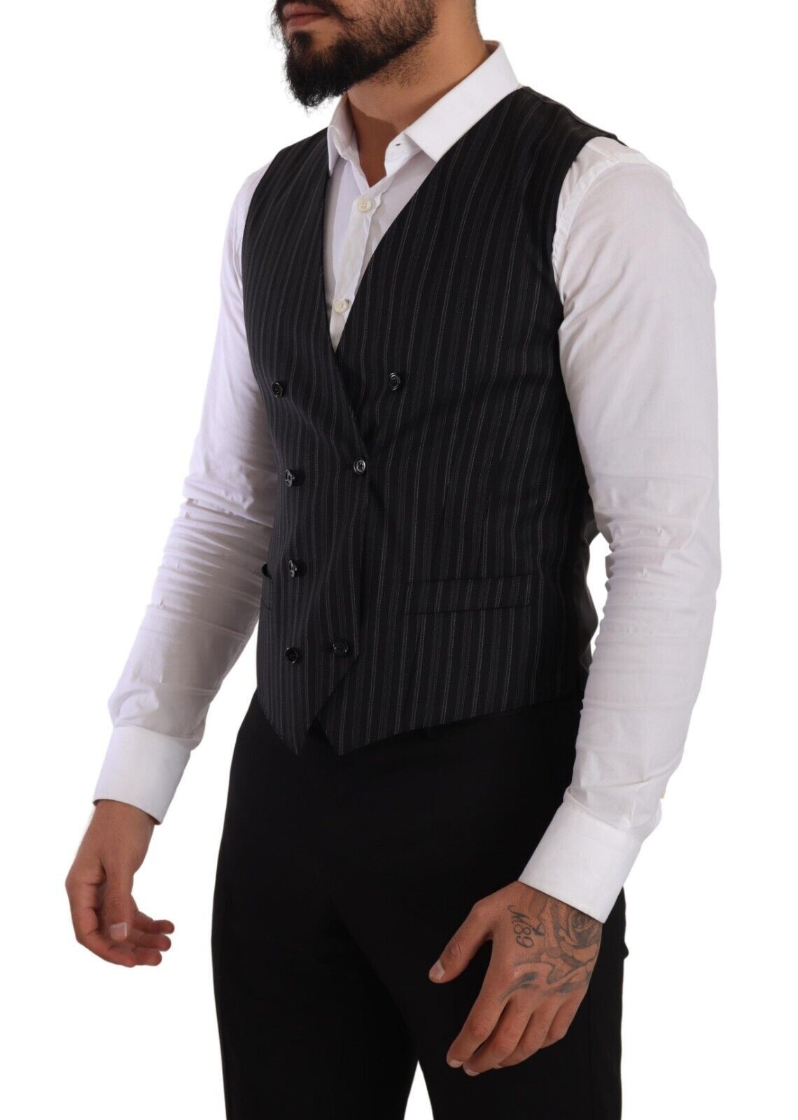 Pinstriped Double-Breasted Virgin Wool Vest — Black
