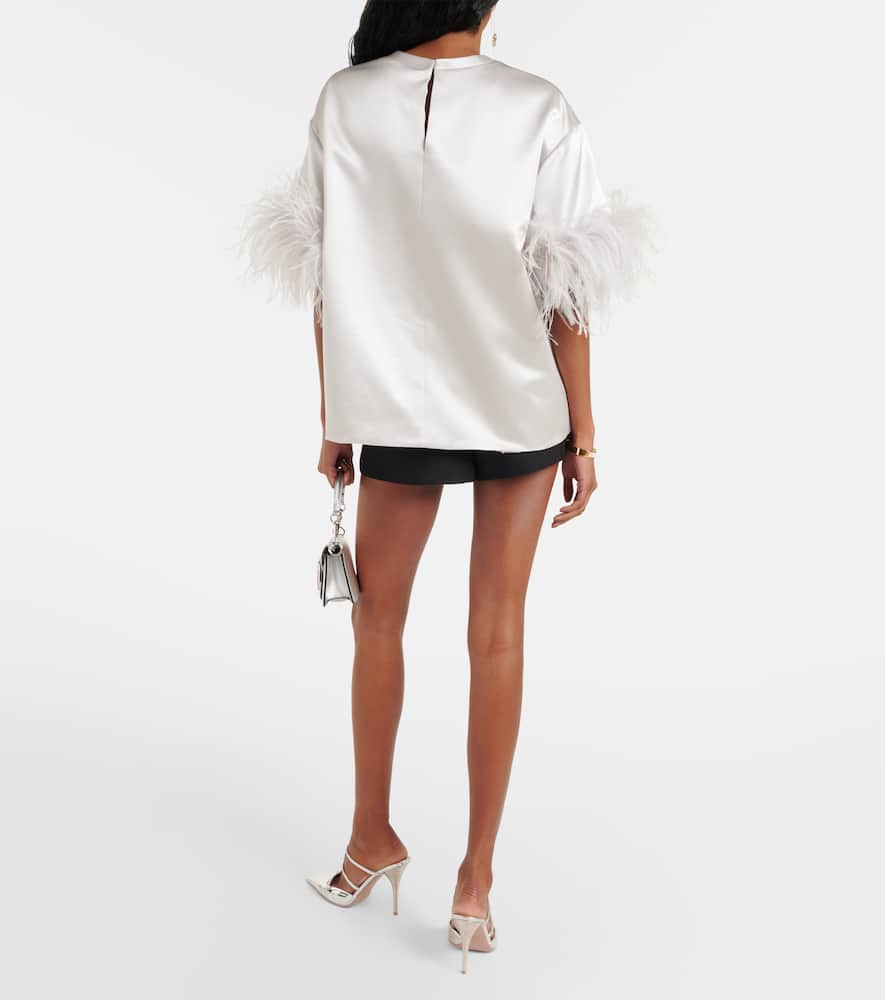 Feather-trimmed silk satin top