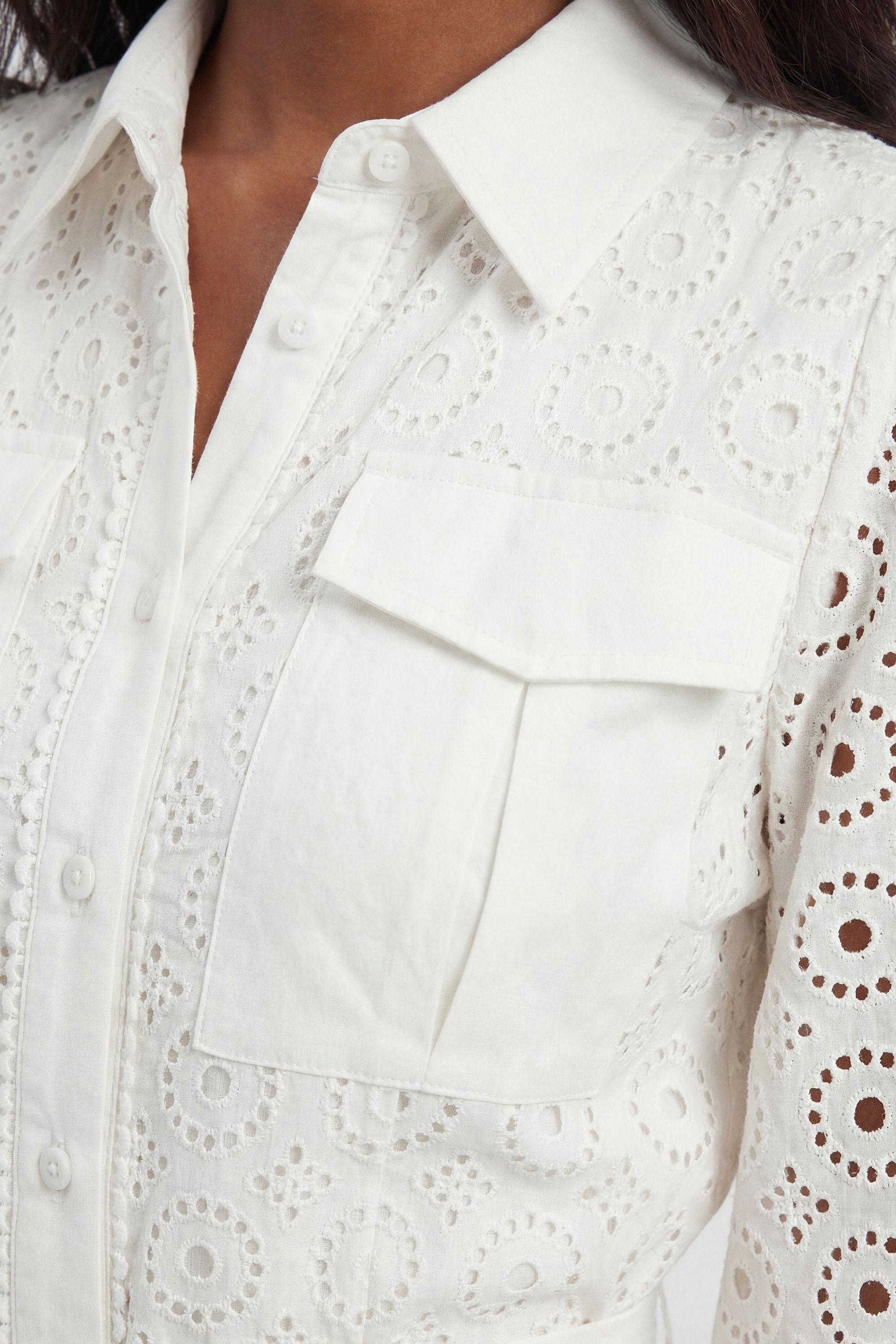 Karen Millen Womens Cotton Broderie Belted Shirt Dress - White