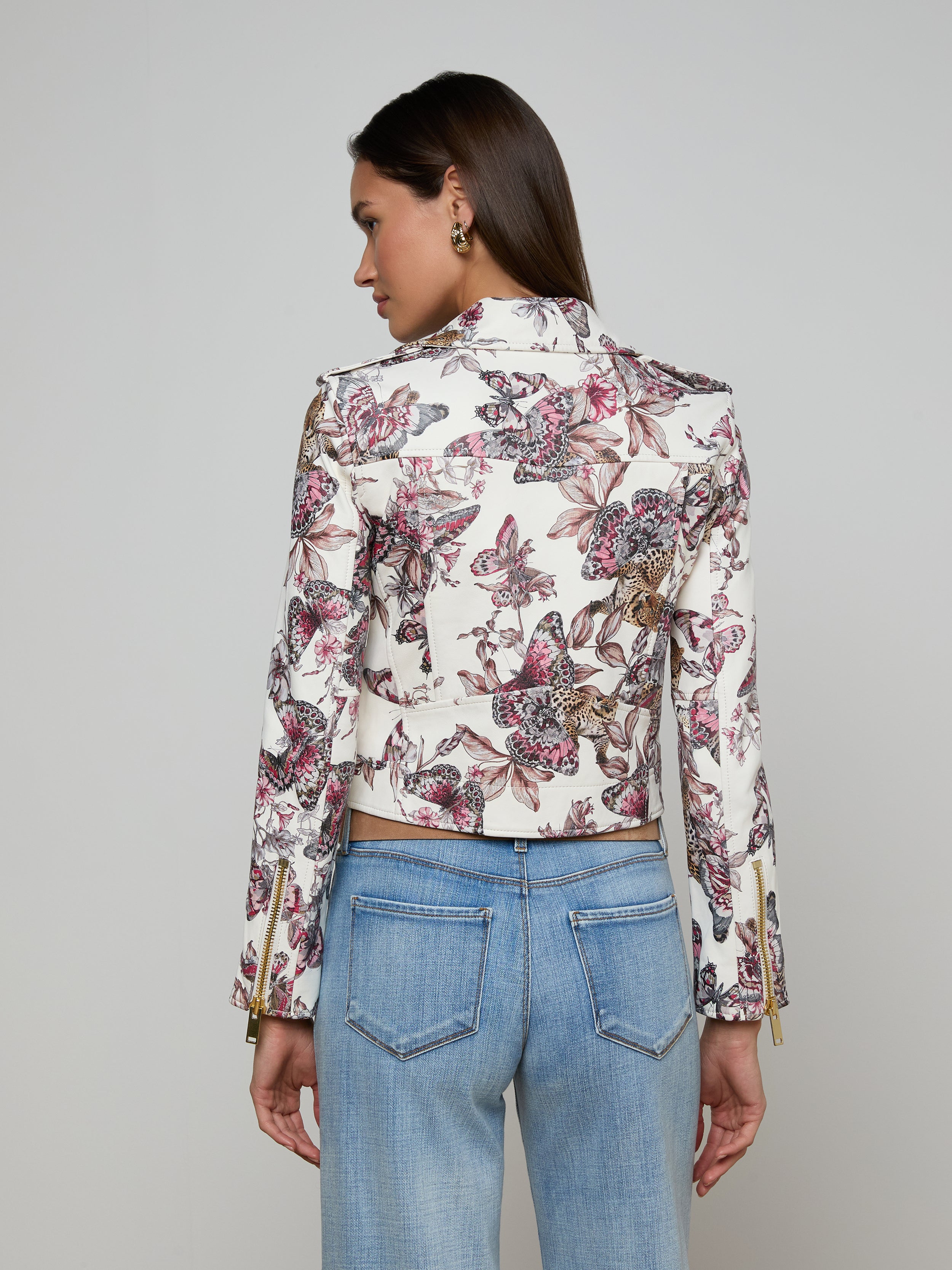 Blakely Leather Biker Jacket In White Multi Small Butterfly Jungle