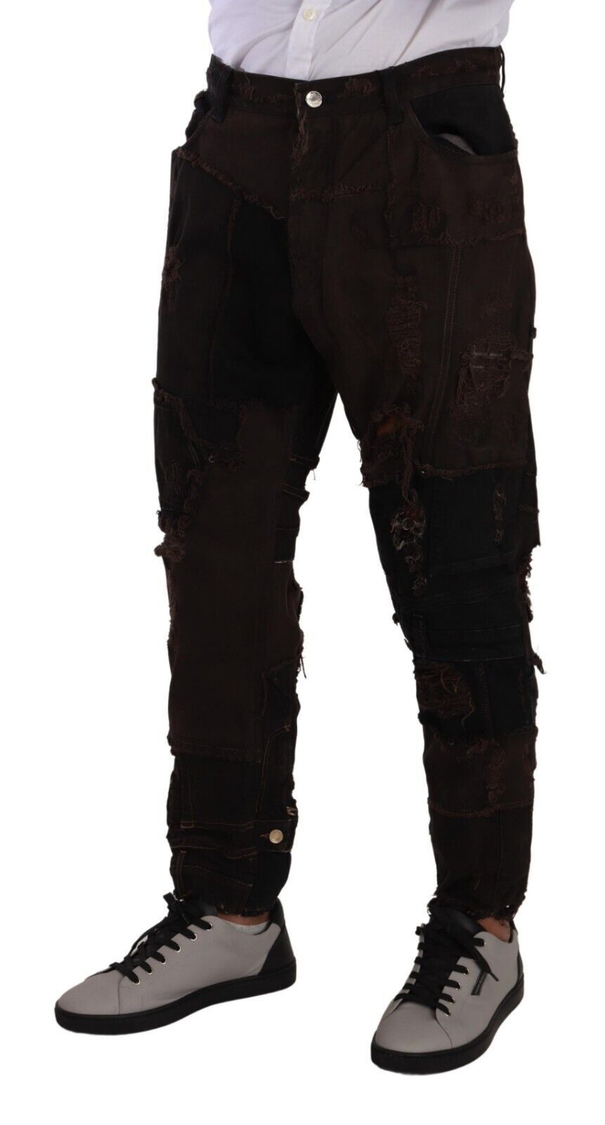 Distressed Patchwork Cotton Jeans — Brown