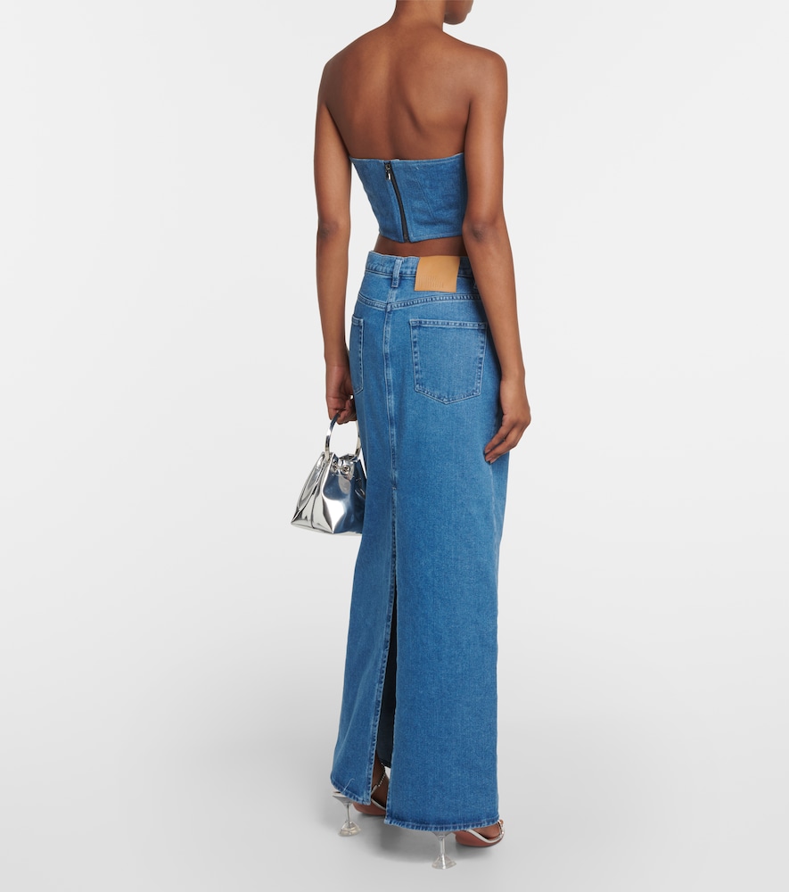 Floral-appliqué denim bustier
