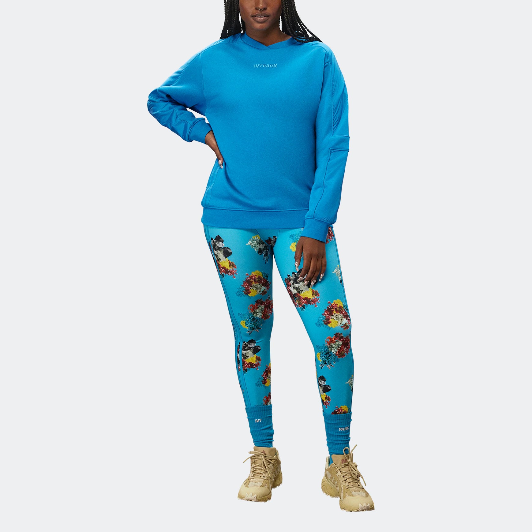 X Ivy Park Crossover Solid Color Chest Logo Embroidered Pullover Round Neck Long Sleeves Blue