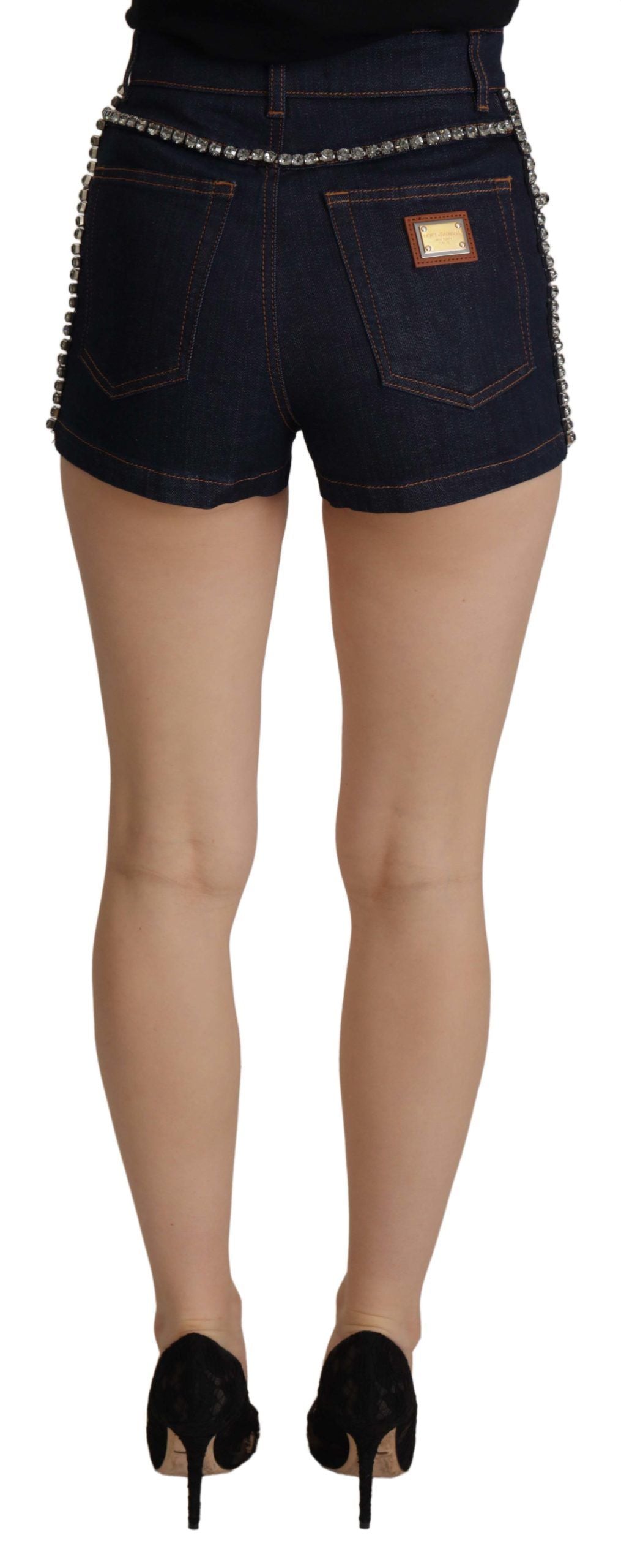 Crystal-Embellished Denim Shorts — Blue