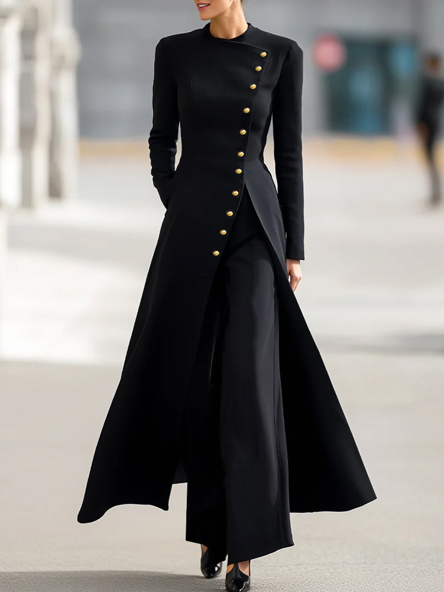 Elegant Long Blazer And Trousers Set - Black