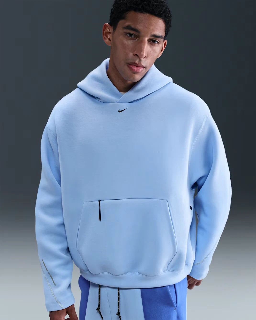 Tech Oversized Fleece Hoodie Mens Blue Kangaroo Pocket Pullover JAX1062