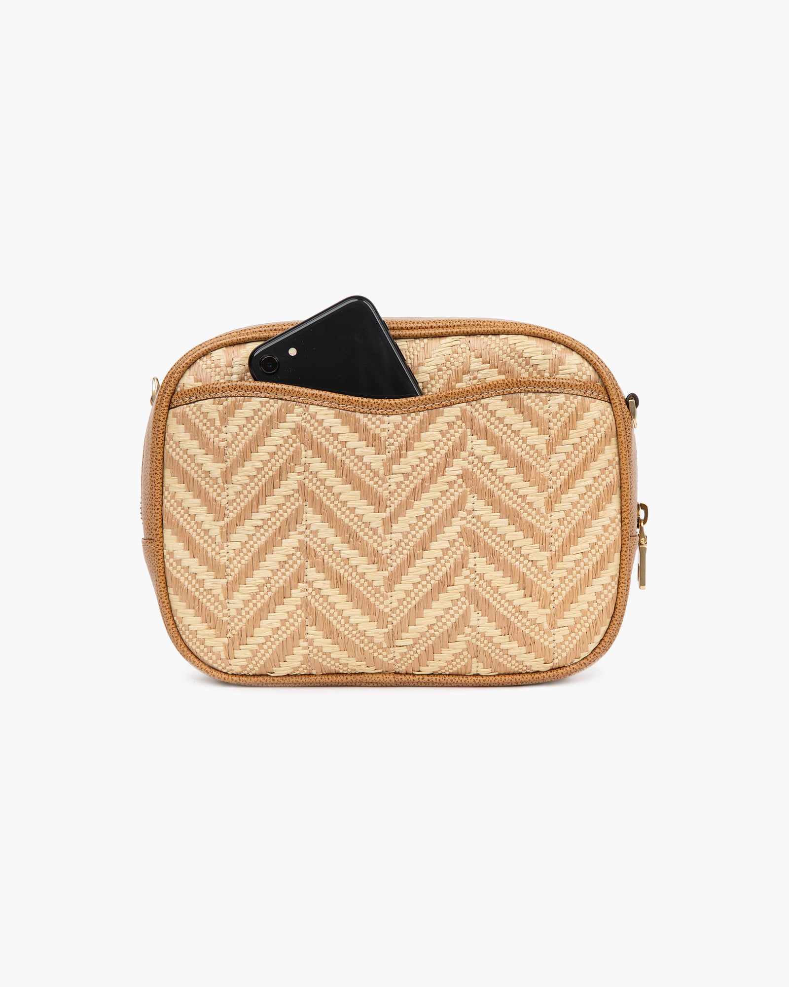 Peanut Calf Leather Zip Pouch for Women - Woven Raffia, Adjustable Strap, Dual Pockets