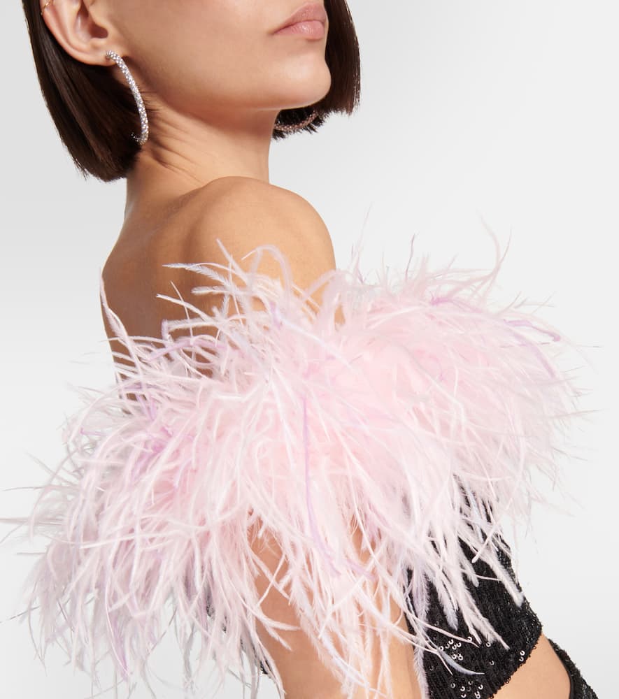 Self-Portrait Feather-trimmed sequined minidress