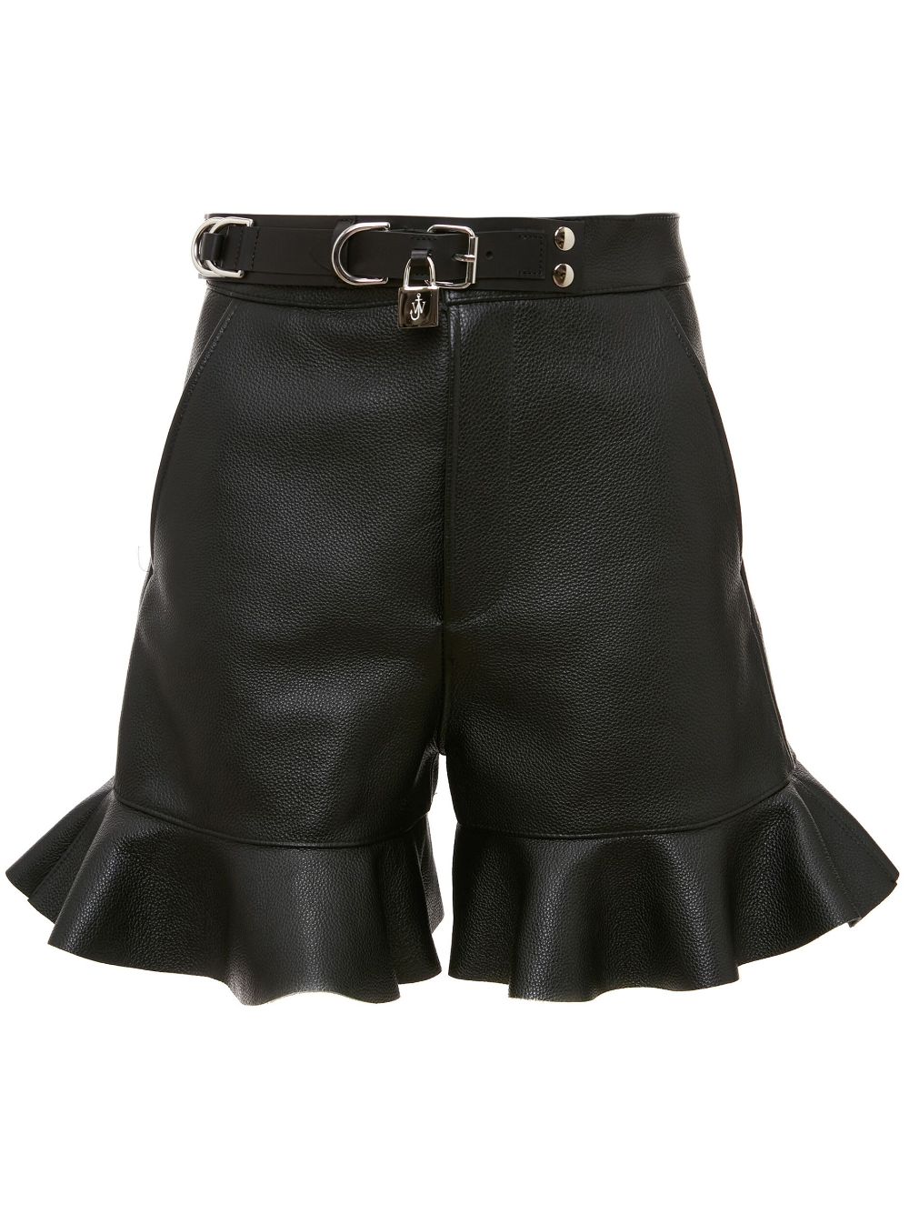 Padlock-strap ruffled leather shorts - Black