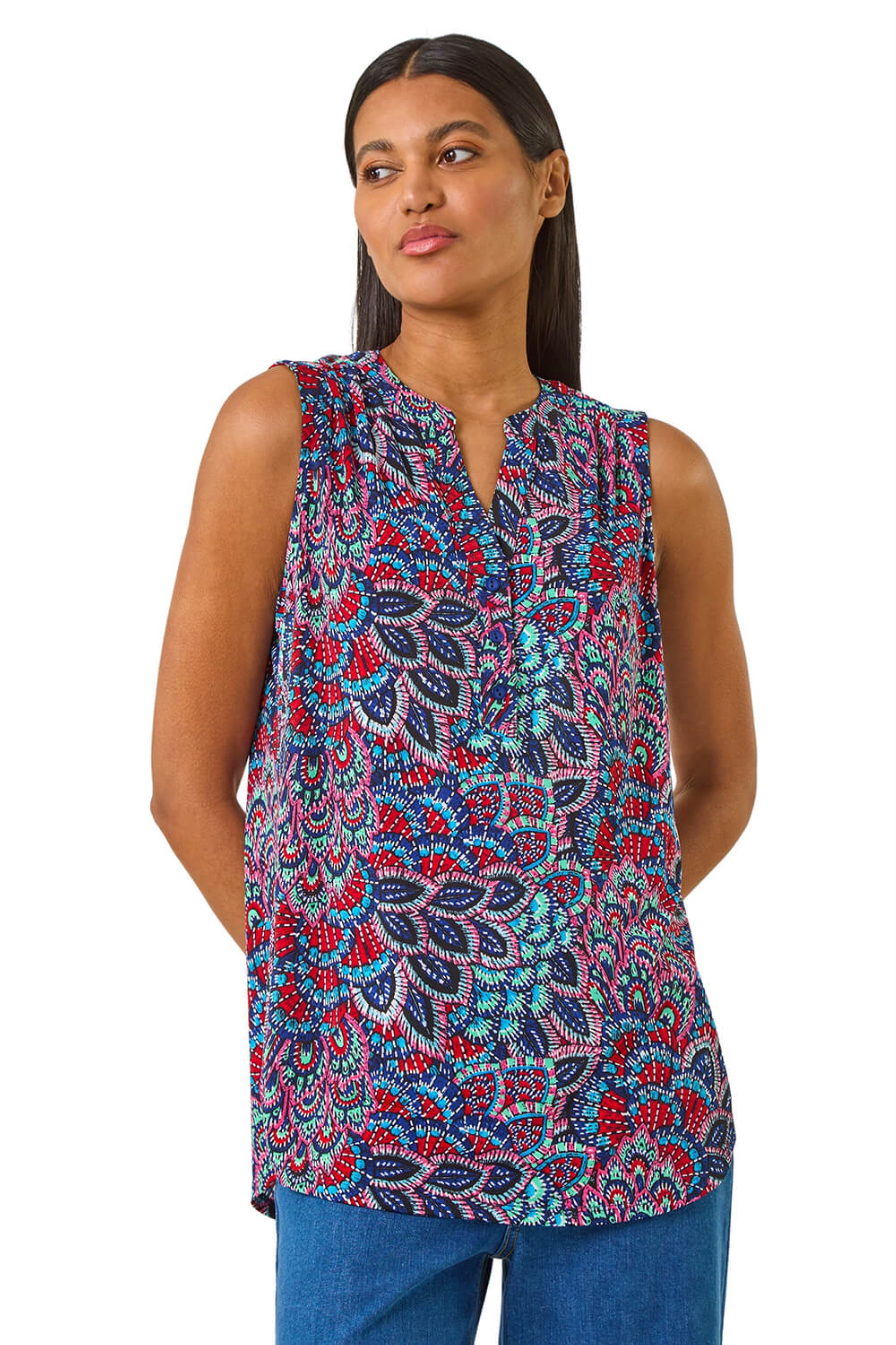 Roman Womens Abstract Print Stretch Vest Top - Blue