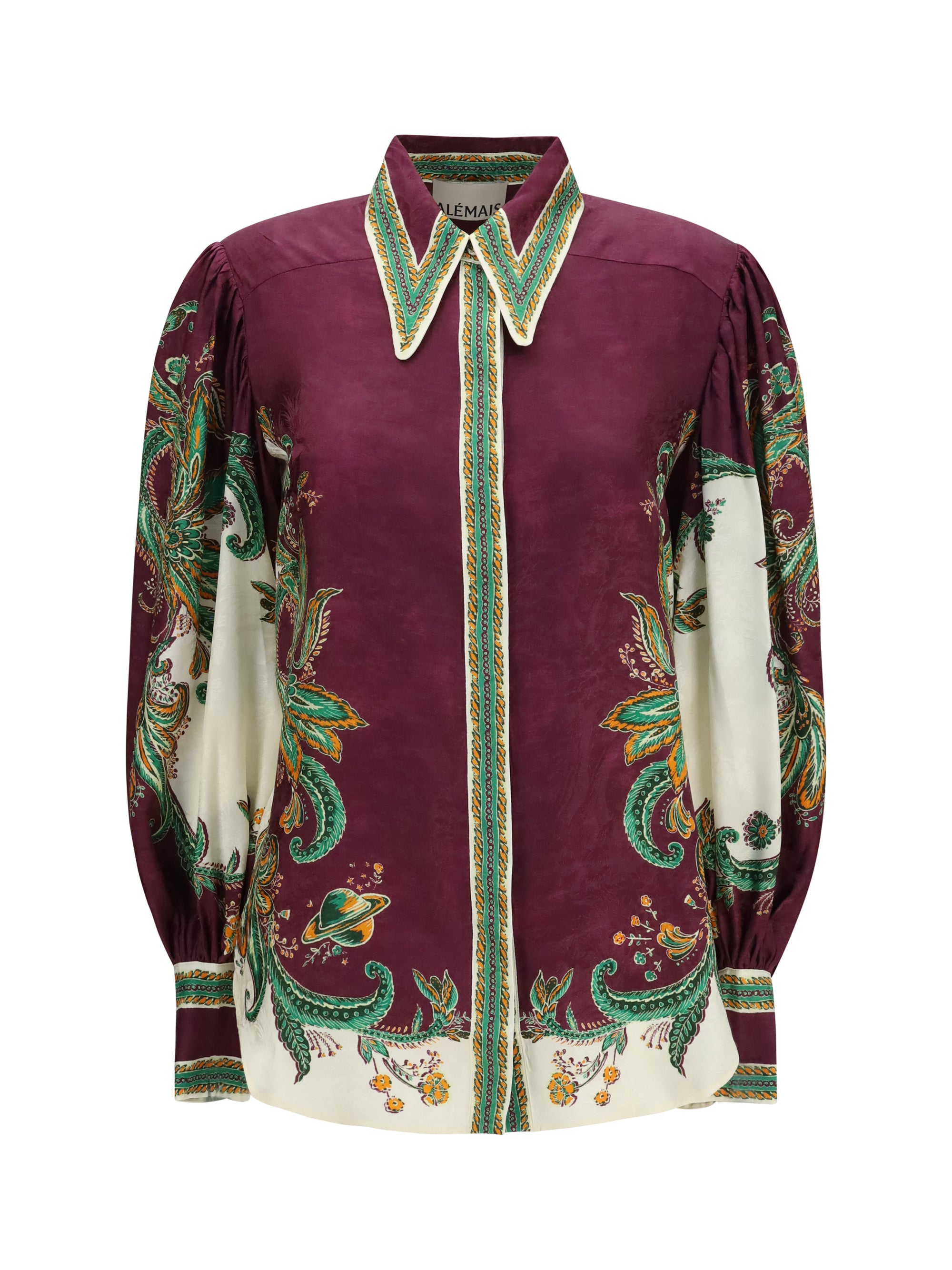 Botanical-Print Silk Blend Shirt — Purple