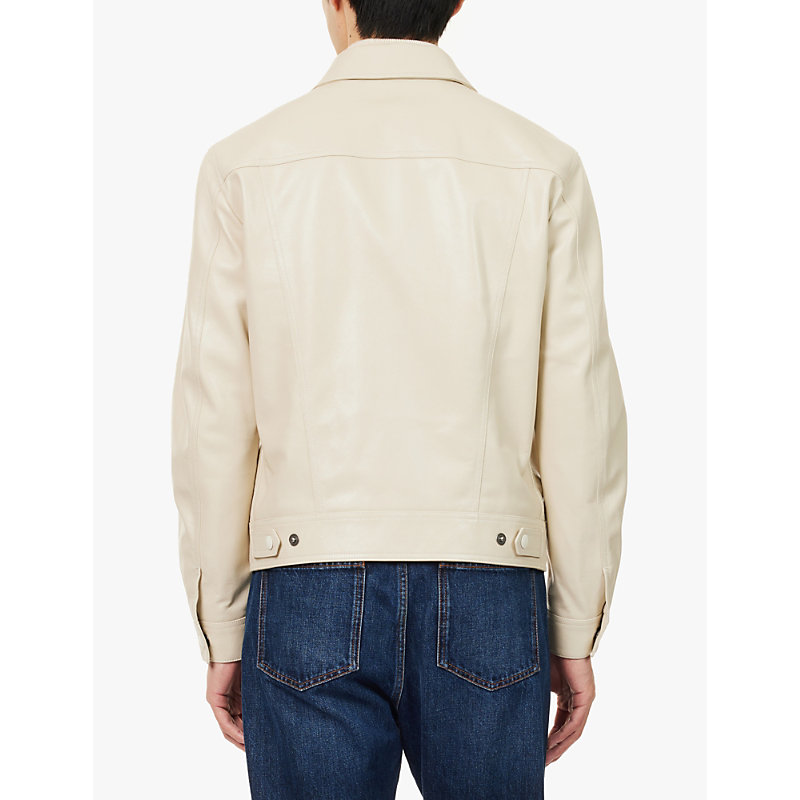 Mens Off White Spread-collar Regular-fit Leather Jacket