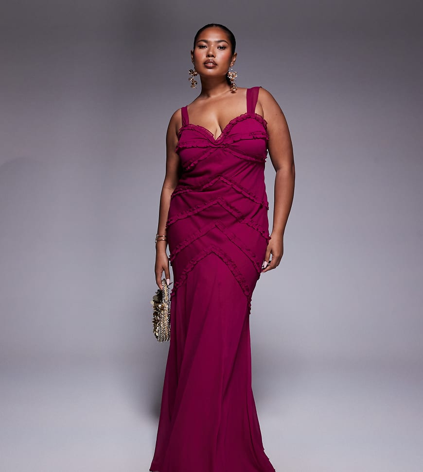 ASOS DESIGN Curve cami ruffle detail maxi dress in raspberry-pink