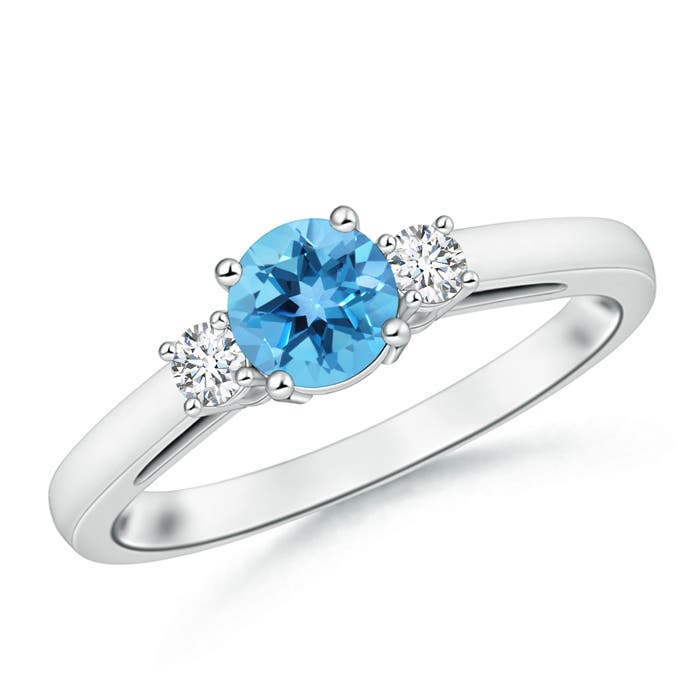 Angara 0.95 Carat Round Swiss Blue Topaz & Diamond Three Stone Engagement Ring in Platinum