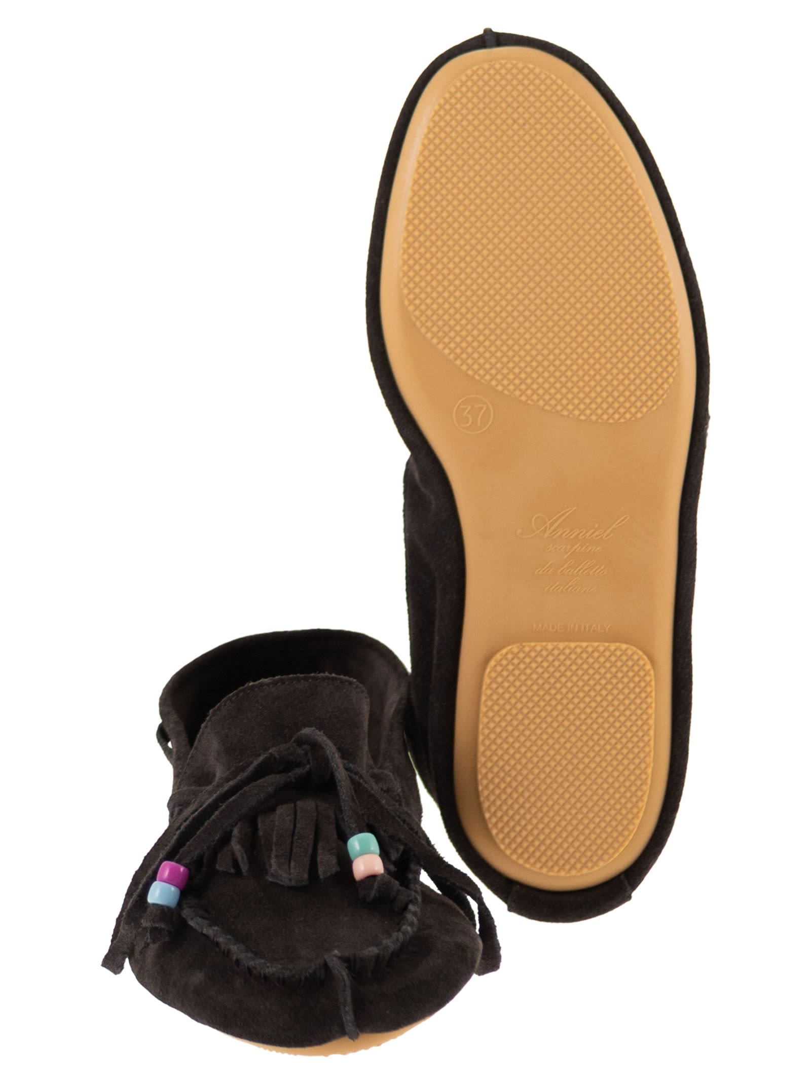 Anniel Suede Loafers With Fringes And Decorative Lace