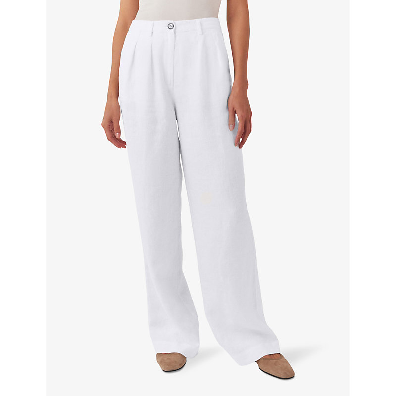 Womens White Two Pleat Wide-leg Linen Trousers
