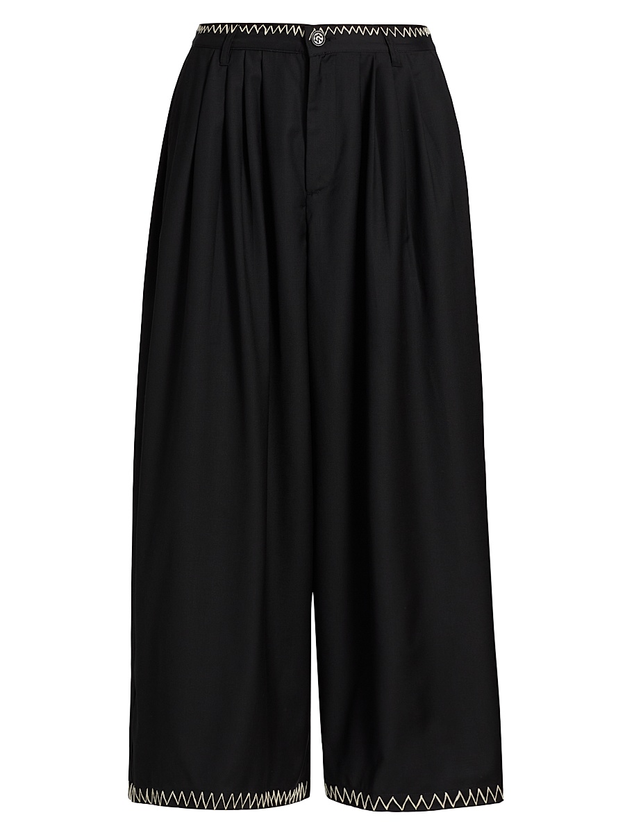 Men's Wool Embroidered Wide-Leg Pants - Black