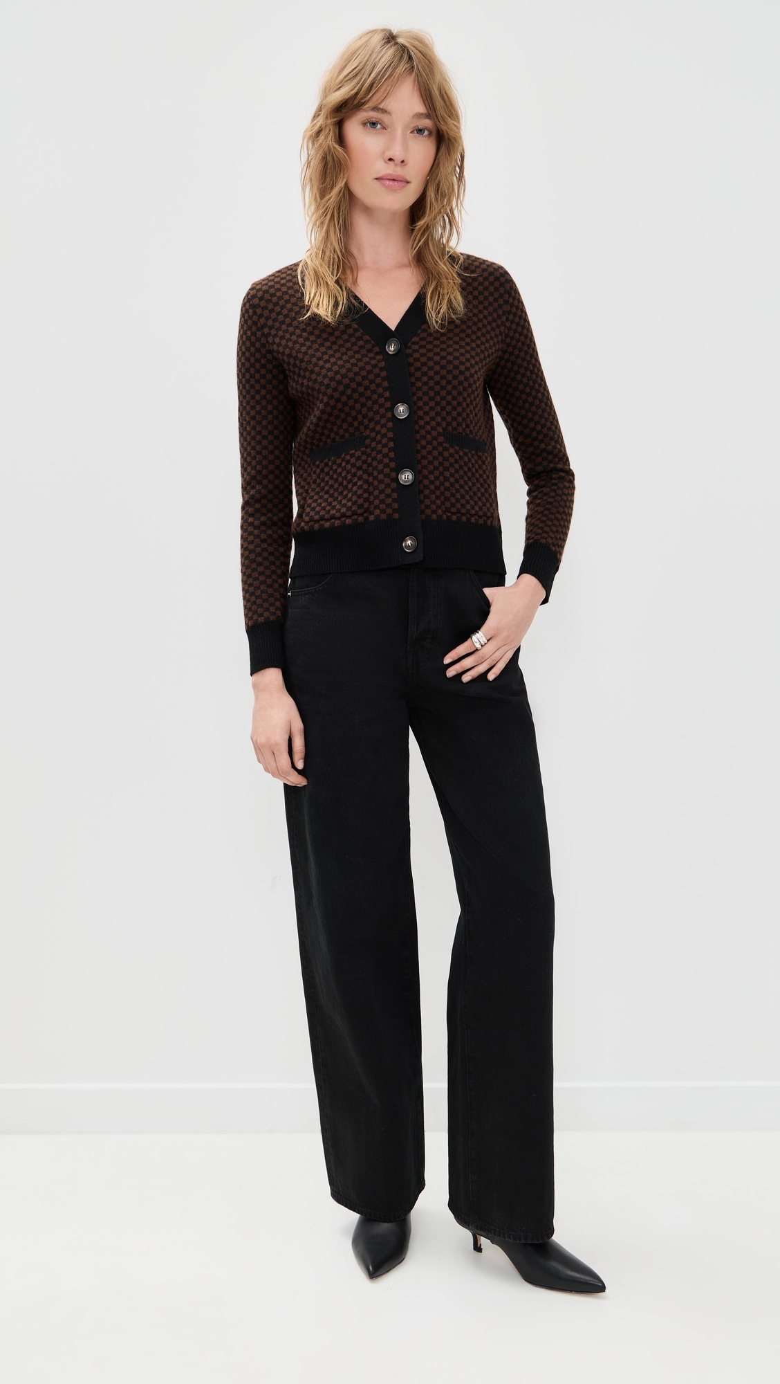 Annie Checkerboard Cardigan Oatmeal/Khaki