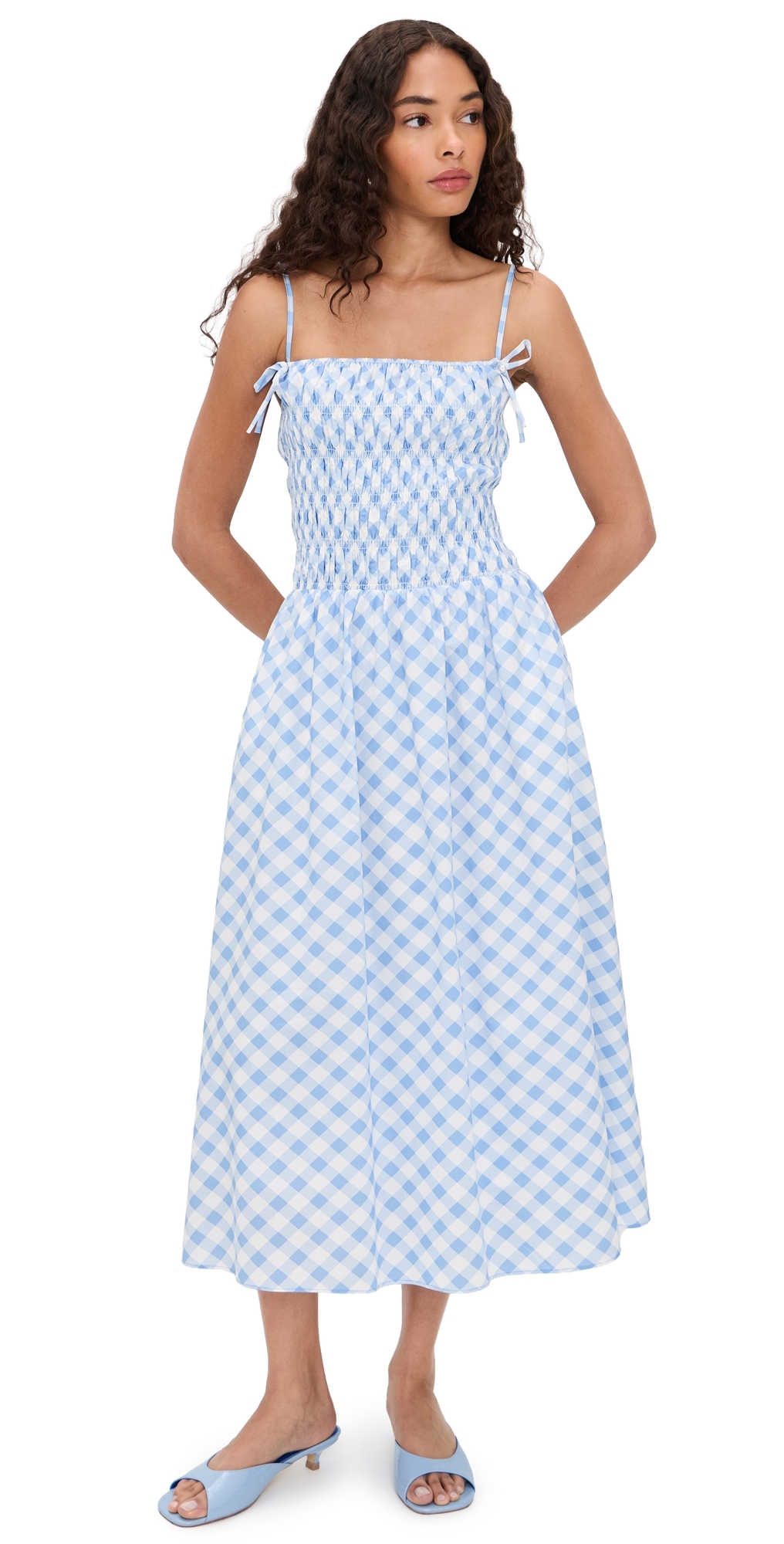 Checked Smocked Midi Dress Powder Blue