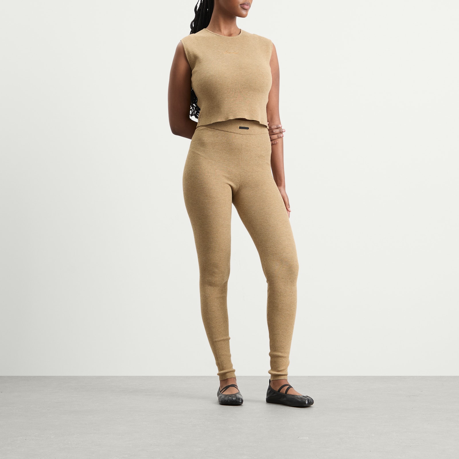 Fear of God ESSENTIALS Signature Rib Knit Cropped Rib Top in Dune - Taupe. L also in M, S