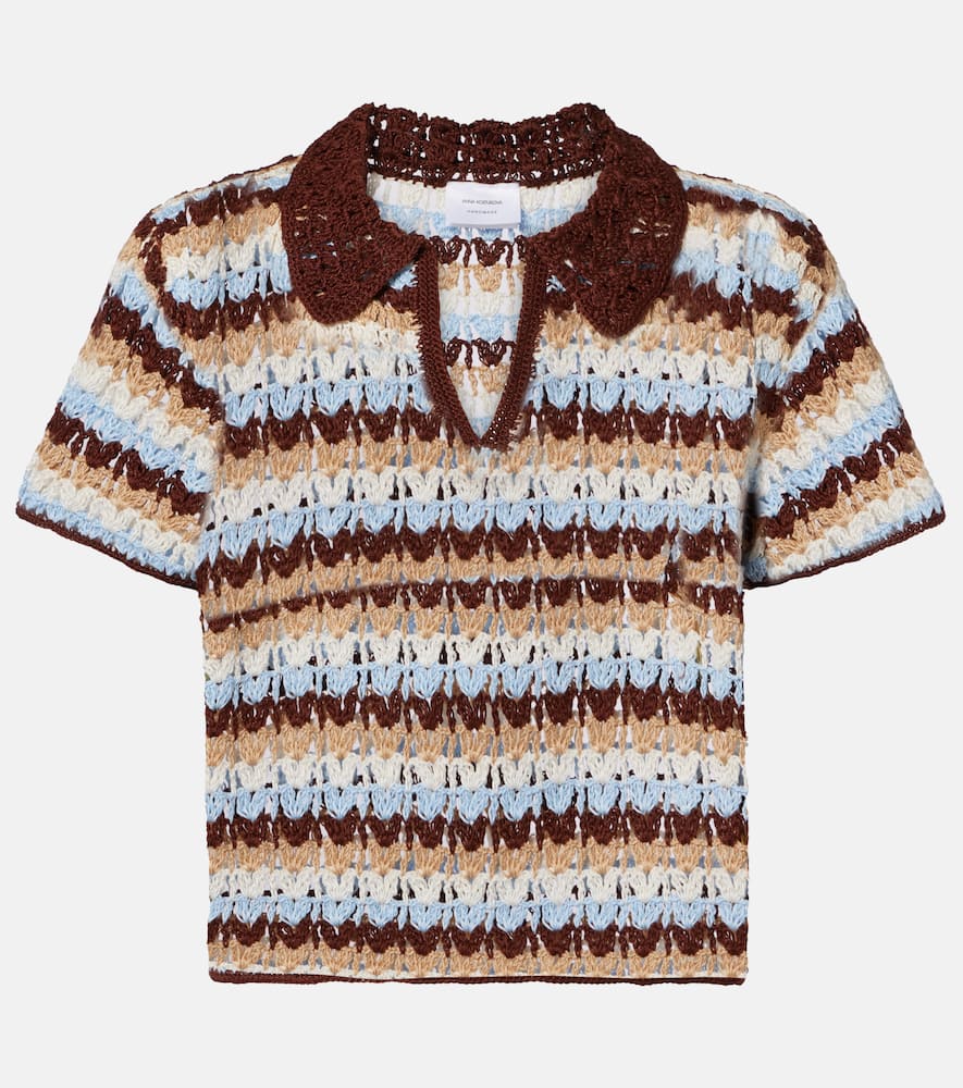 Crochet striped cotton polo shirt