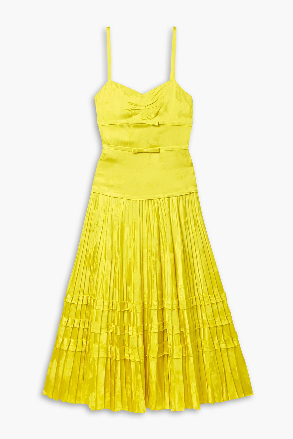 Bow-embellished pleated satin-jacquard midi dress