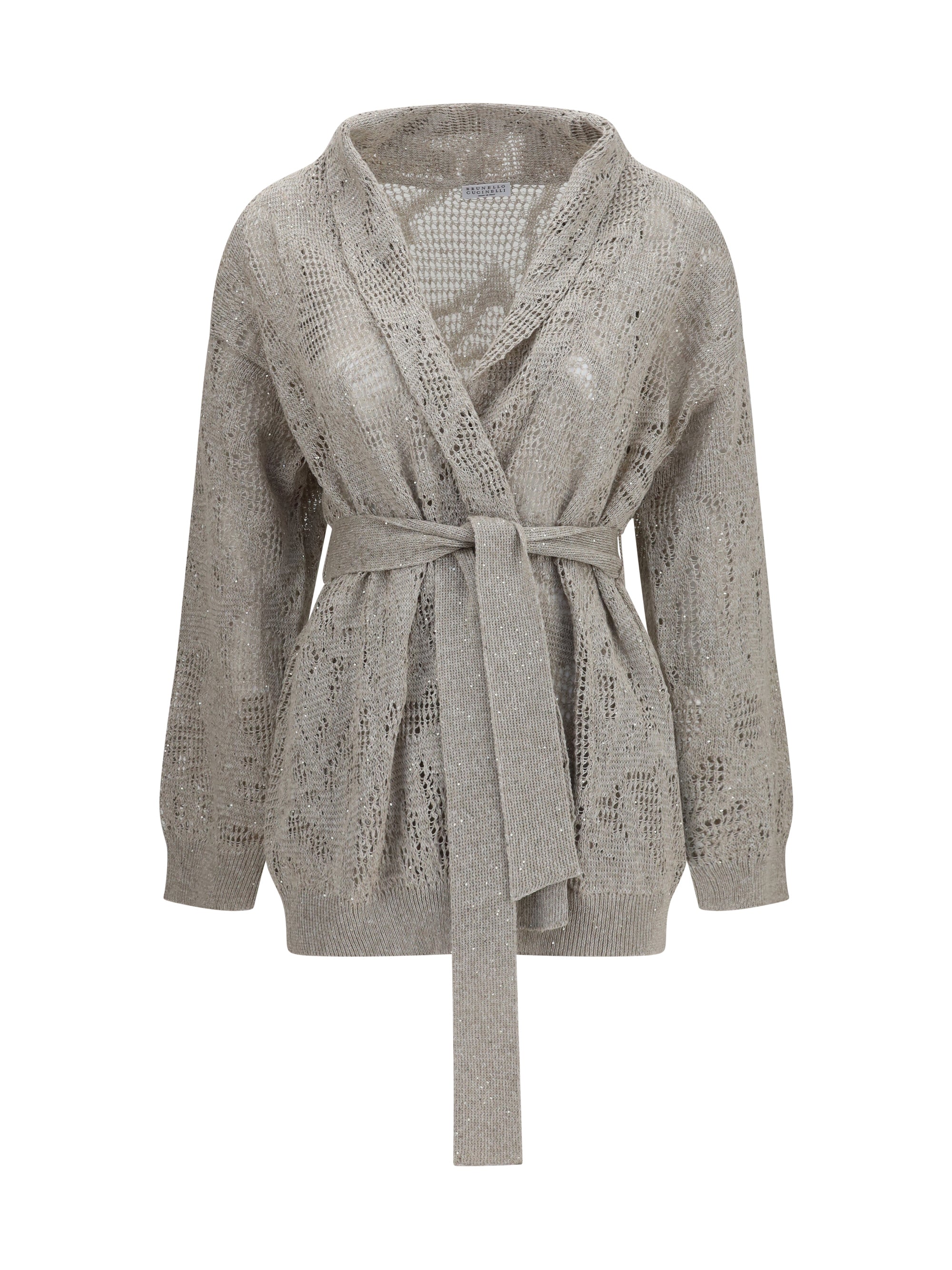 Sequin-Embellished Linen-Cotton Cardigan — Beige