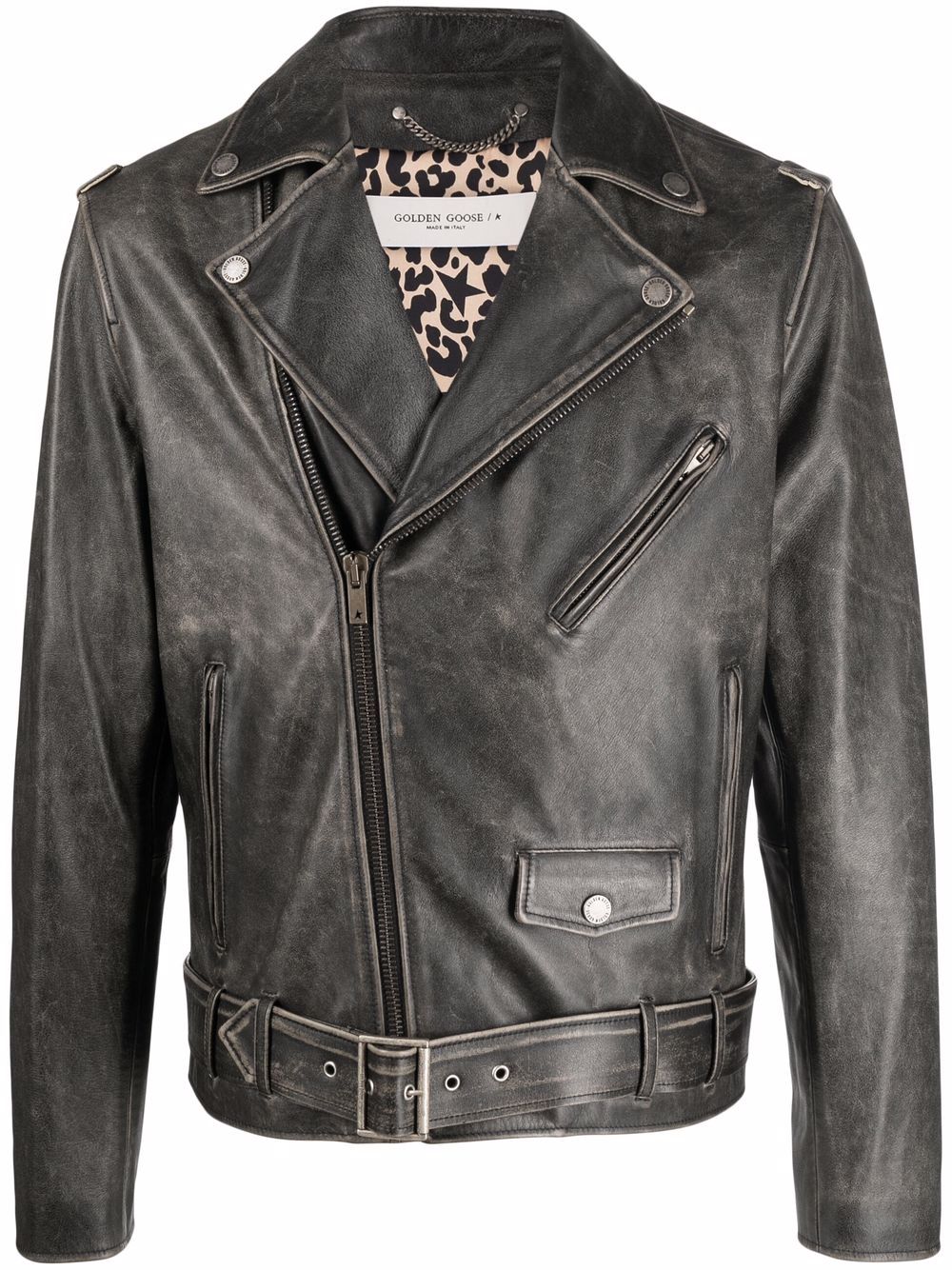 Hammered Leather Biker Jacket with Front Zip Pockets and Belt