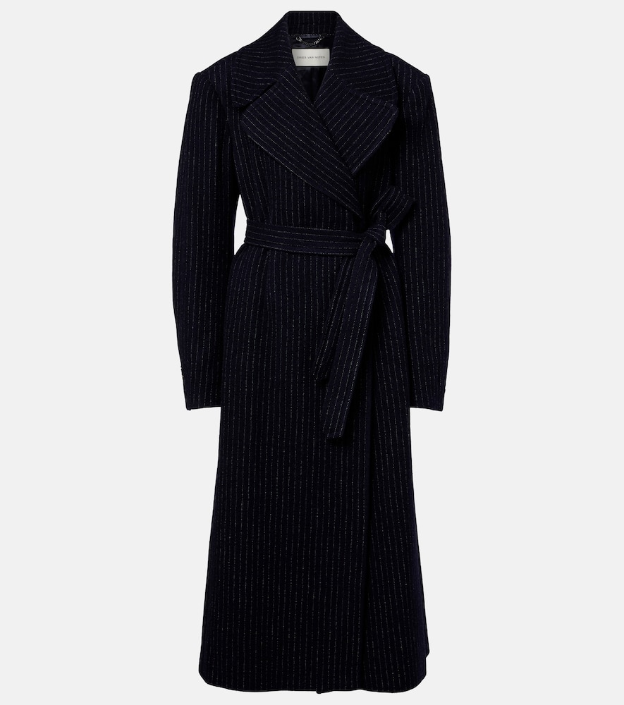 Belted pinstriped wool coat