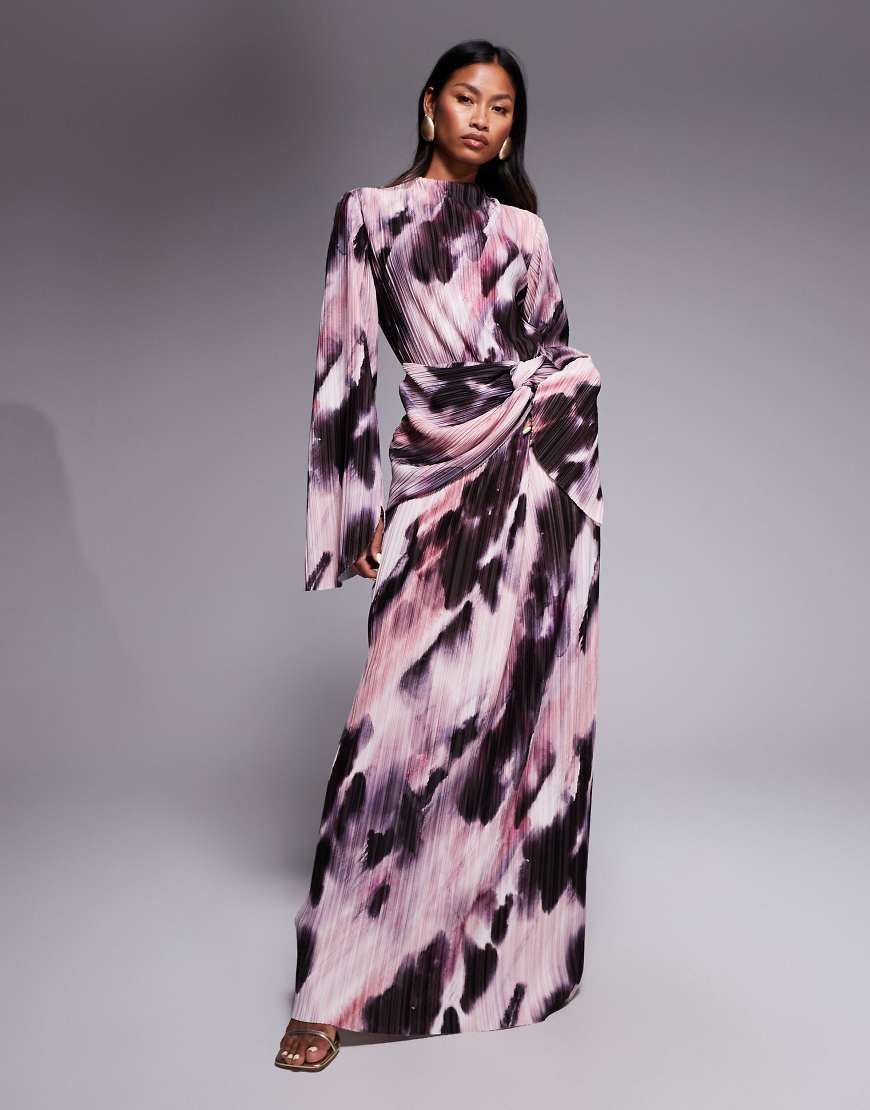 Plisse drape long sleeve maxi dress in pastel blurred print-Multi