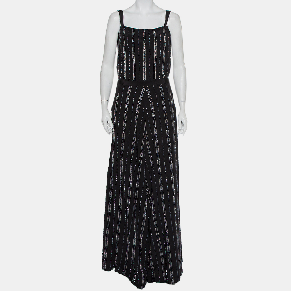 Bazza Alzouman Black Silk Sequin Embellished Open Back Wide Leg Jumpsuit