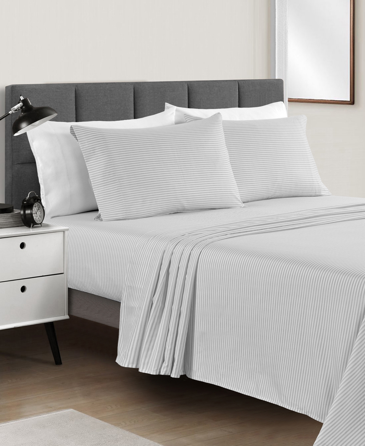 Sunham Microfiber Easy Care Printed 4-Pc. Sheet Set, Full - Gray Stripe