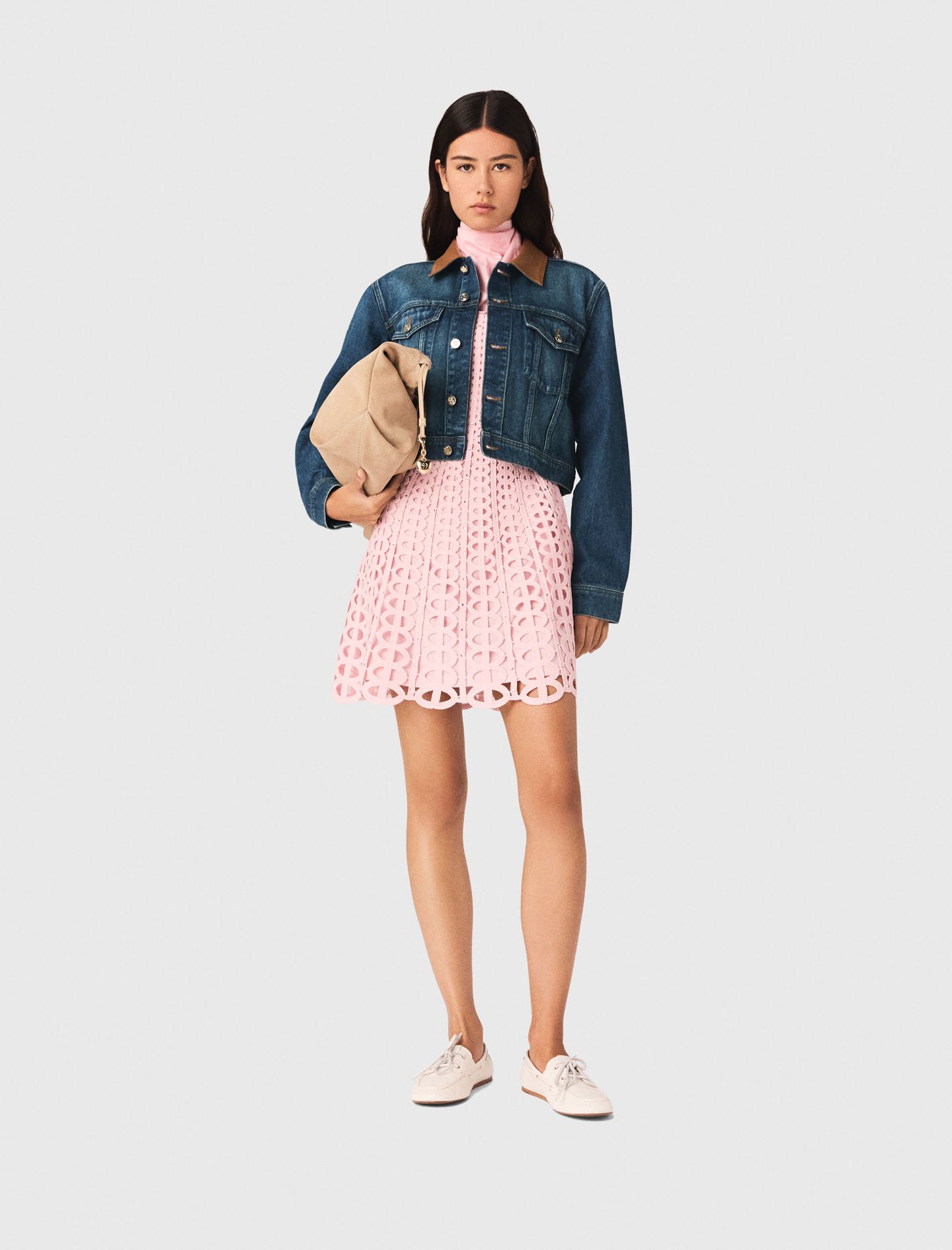 Woman's cotton Denim jacket with leather collar for Spring/Summer