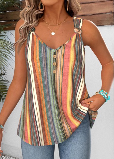 Modlily Plus Multi Color Tie Striped Strappy Tank Top - 1X