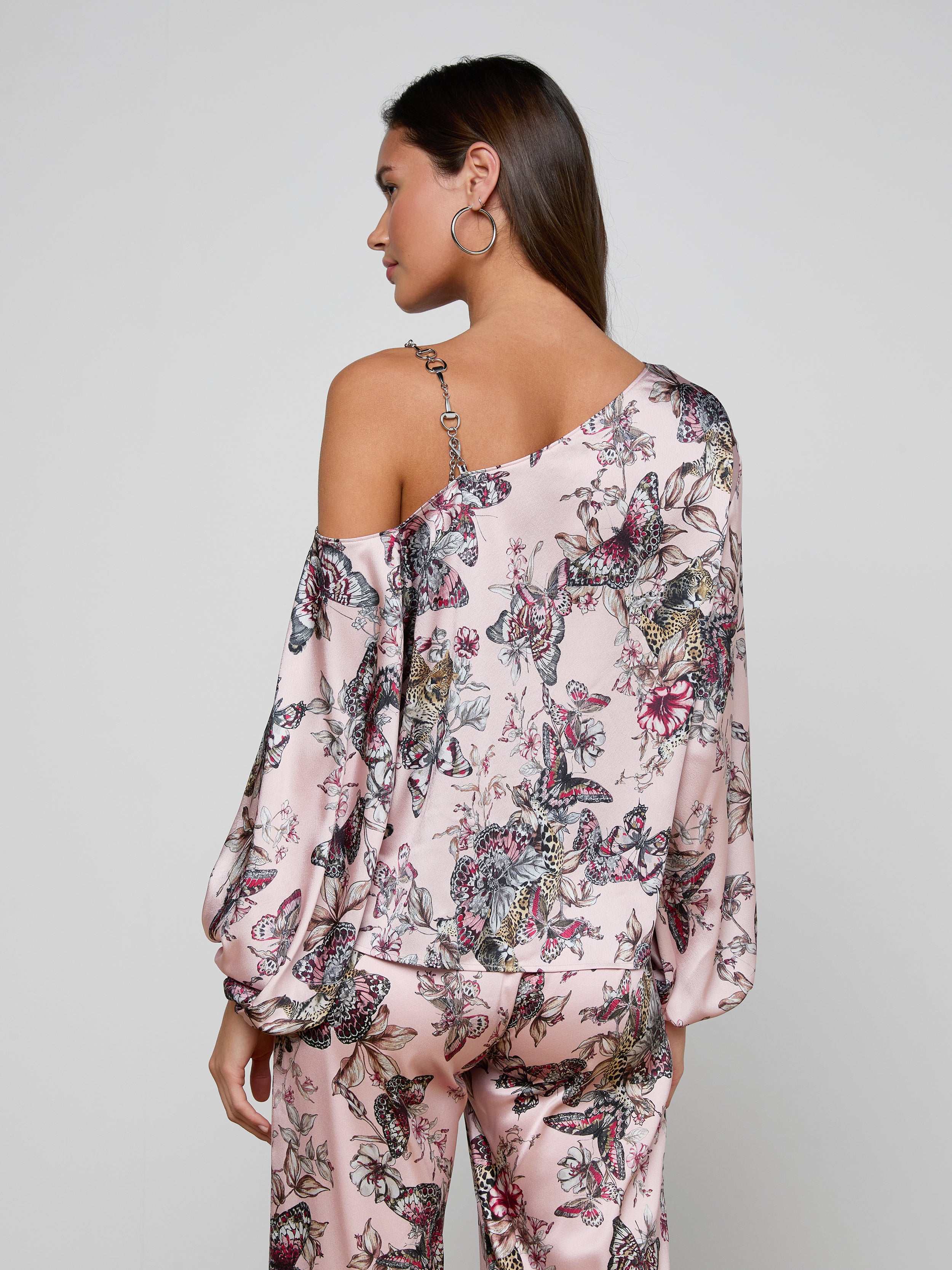 Asami Chain One-Shoulder Blouse Top In Light Nectar Pink Small Multi Butterfly Jungle