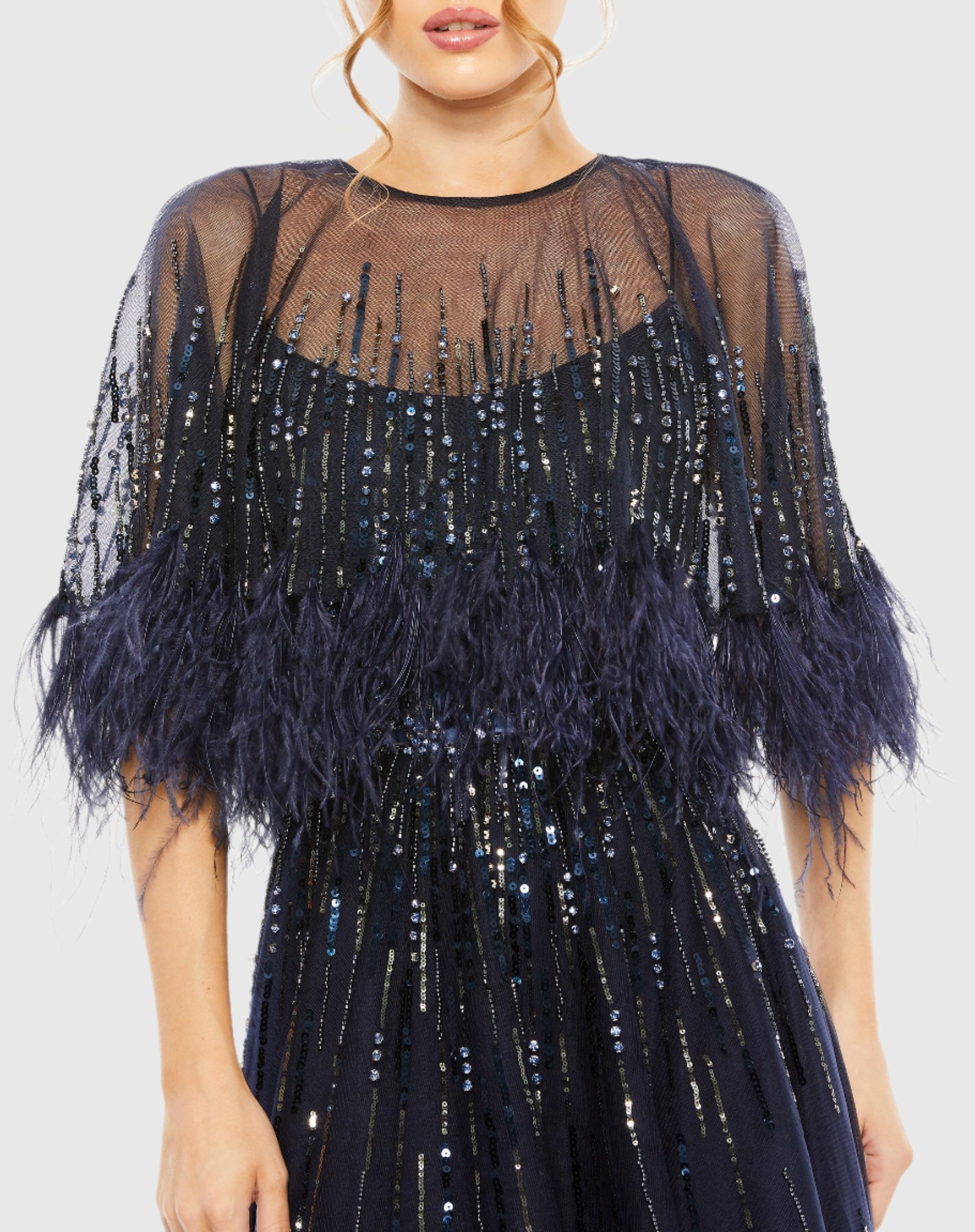Blue Embellished A Line Wedding Guest Dress with Feather Detail Cape