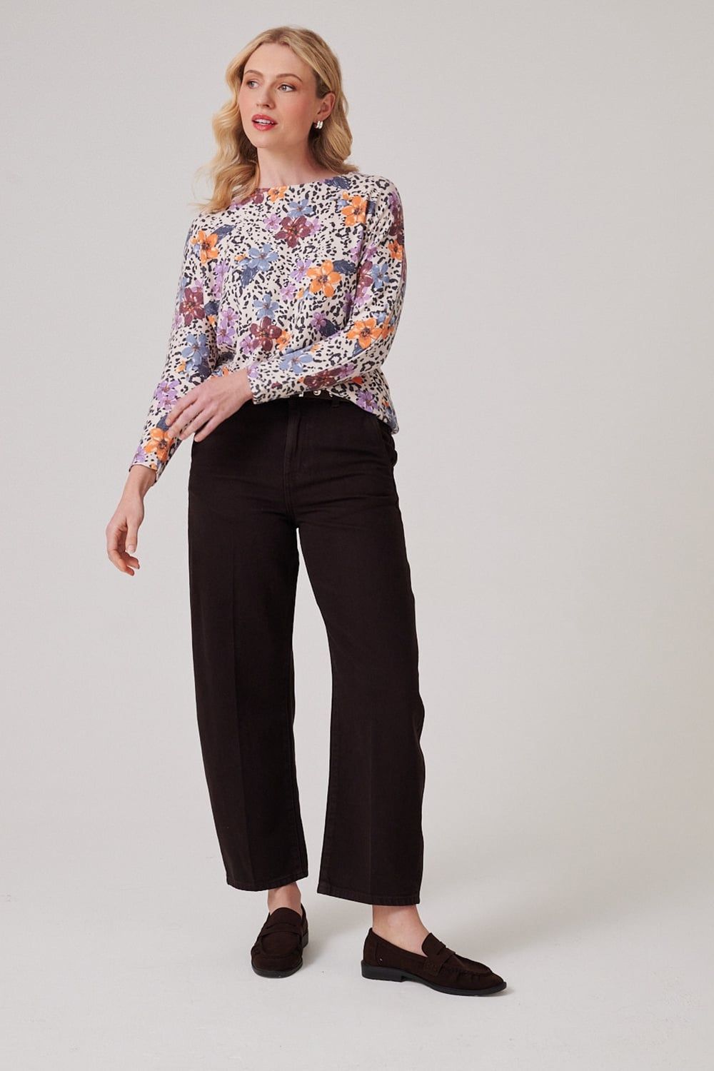 Klass. Floral Print Batwing Jumper In Beige